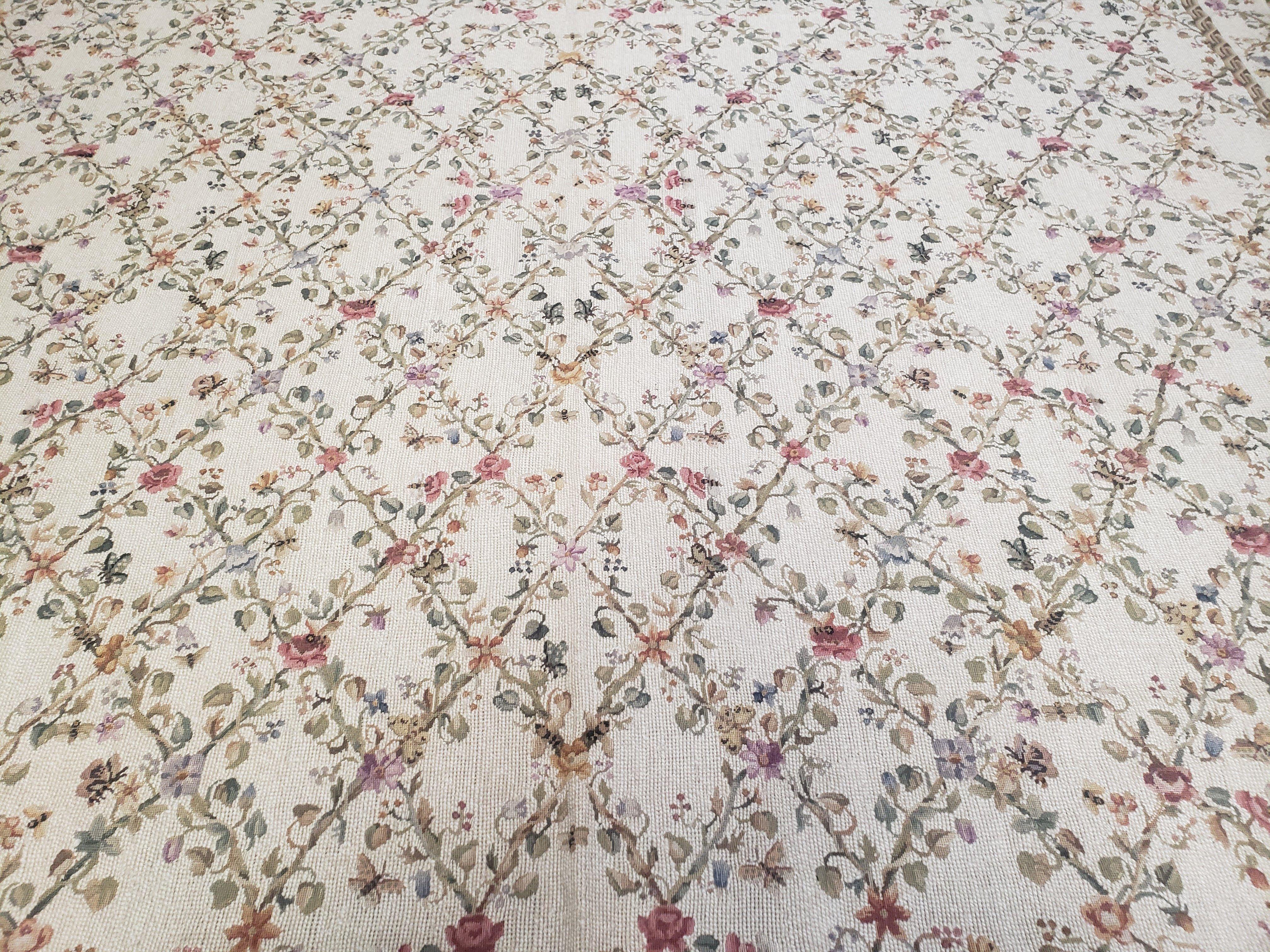 Vintage Petite Point Floral Area Rug 7.5 x 9.9, Chinese Aubusson Needlepoint Carpet 7x10, Wool Hand-Knotted Ivory Small Flowers Rug 8x10 - Jewel Rugs