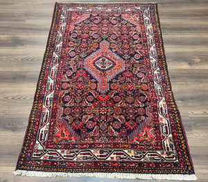 Persian Hamadan Tribal Rug 3.5 x 5.6, Black Red and Ivory Antique Wool Oriental Carpet, Handmade Bohemian Rug, Geometric Medallion, One of a Kind - Jewel Rugs