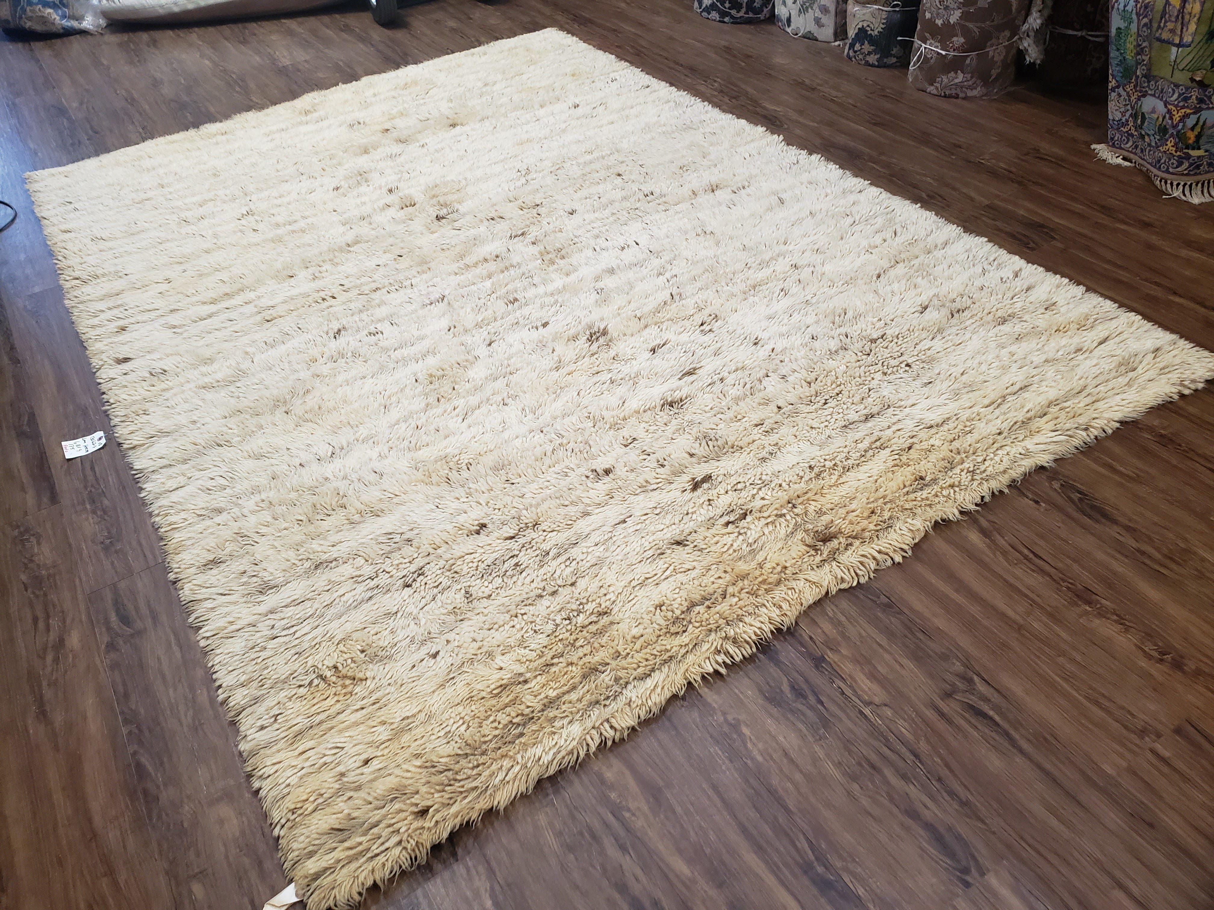 Vintage German Shag Rug 6.8 x 9, Wool Rya Style, Modern Shag Rug Ivory, 6x9 - 7x9 Living Room Carpet, Soft High Pile - Jewel Rugs