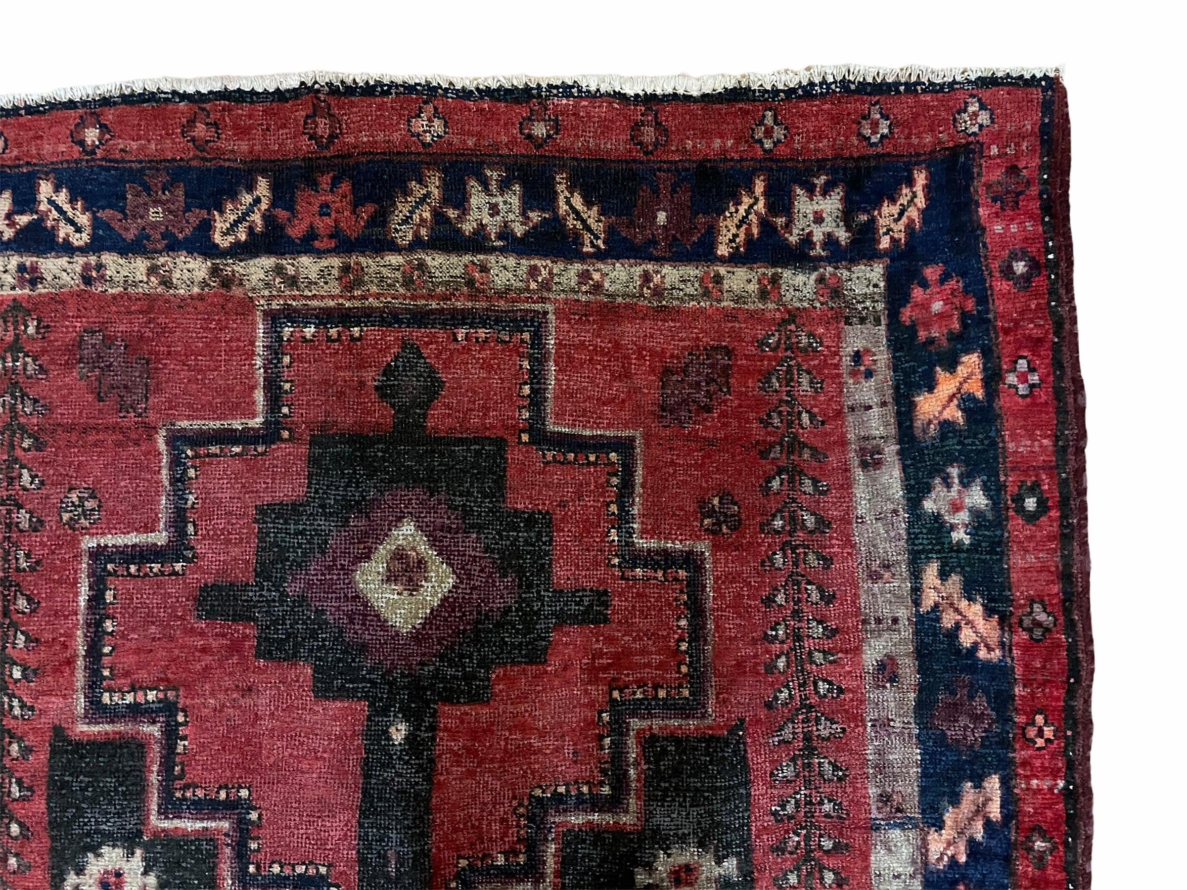 4 X 7 Antique Handmade Wool Tribal Rug Geometric Bold Organic Dyes Black Red - Jewel Rugs