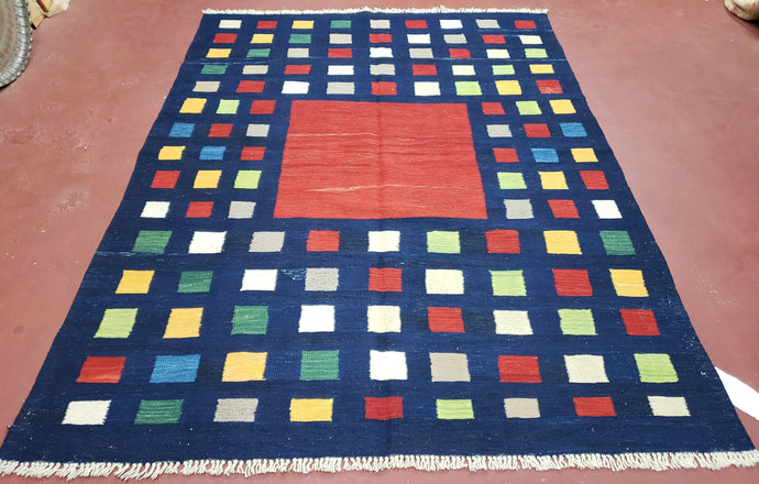 Turkish Kilim Rug 5x7 - 6x8, Checkerboard Kilim Carpet, Area Rug, New Playroom Rug, Colorful Multicolor Rug for Nursery Room, Dark Blue Red - Jewel Rugs