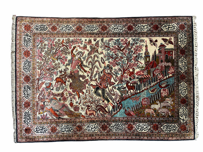 Silk Rug, Silk Persian Rug, Fine Persian Silk Rug, Silk Carpet, Handmade Persian Rug 3x5, Persian Pictorial Rug, Birds Flowers River Lovers - Jewel Rugs