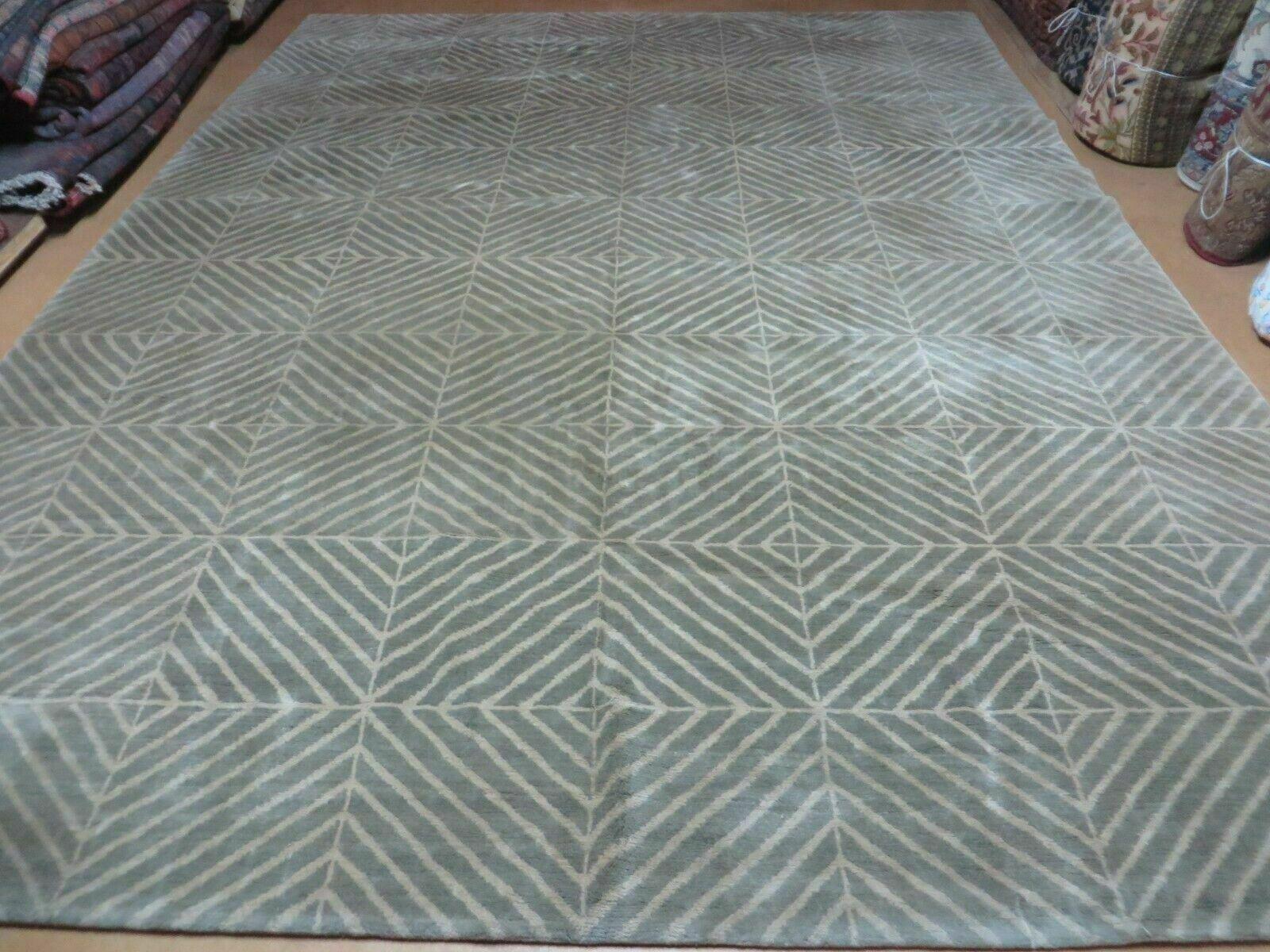 8.5' X 11.5' Modern Handmade Tibetan Nepal Wool Rug Art Deco Olive Ivory Nice Wow - Jewel Rugs