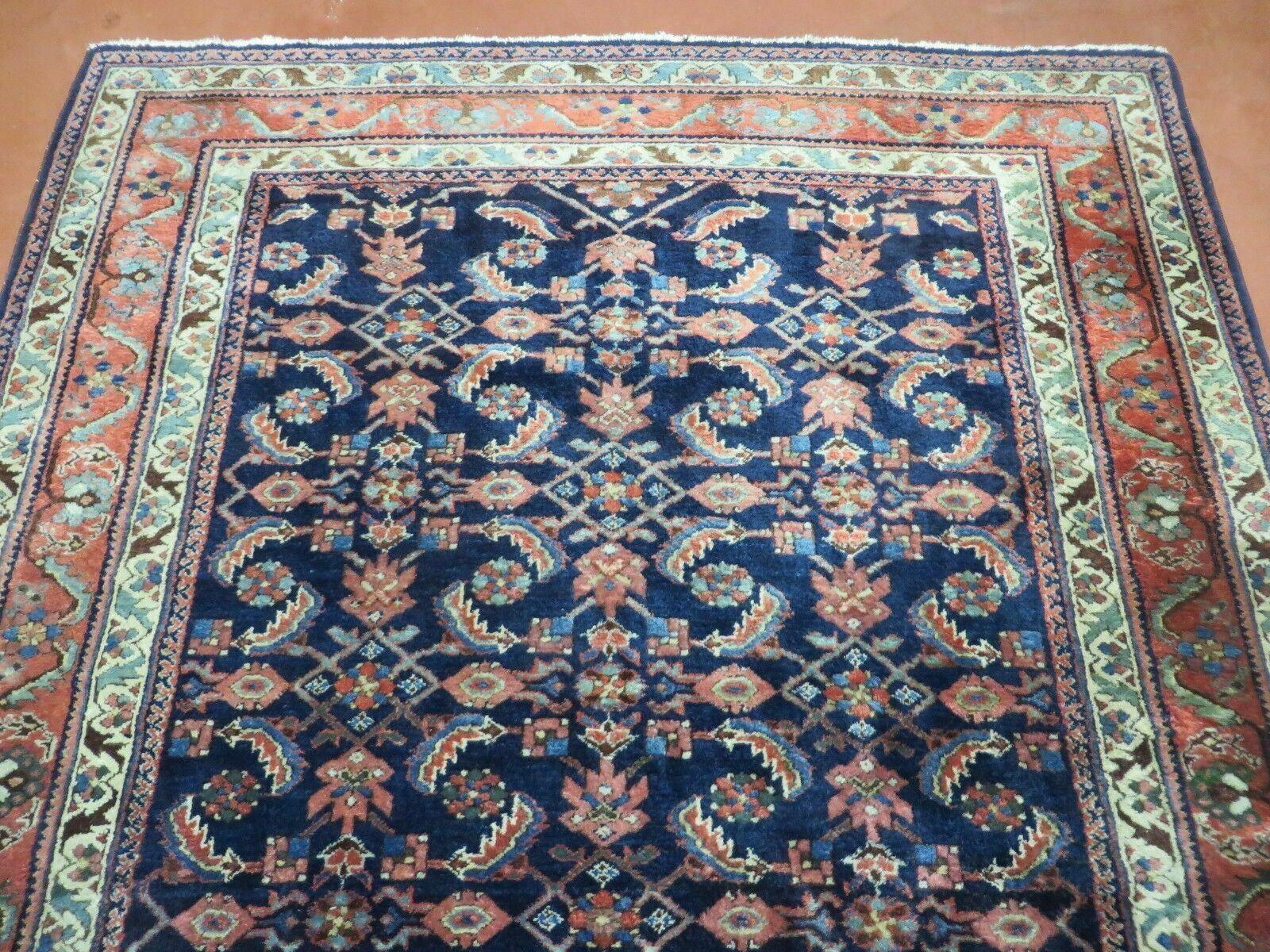 Antique Persian Lilihan Rug 5x7, Wool Hand Knotted Oriental Carpet 5 x 7 ft, Herati Pattern Navy Blue & Red-Orange Medium Sized Handmade Vintage Rug - Jewel Rugs
