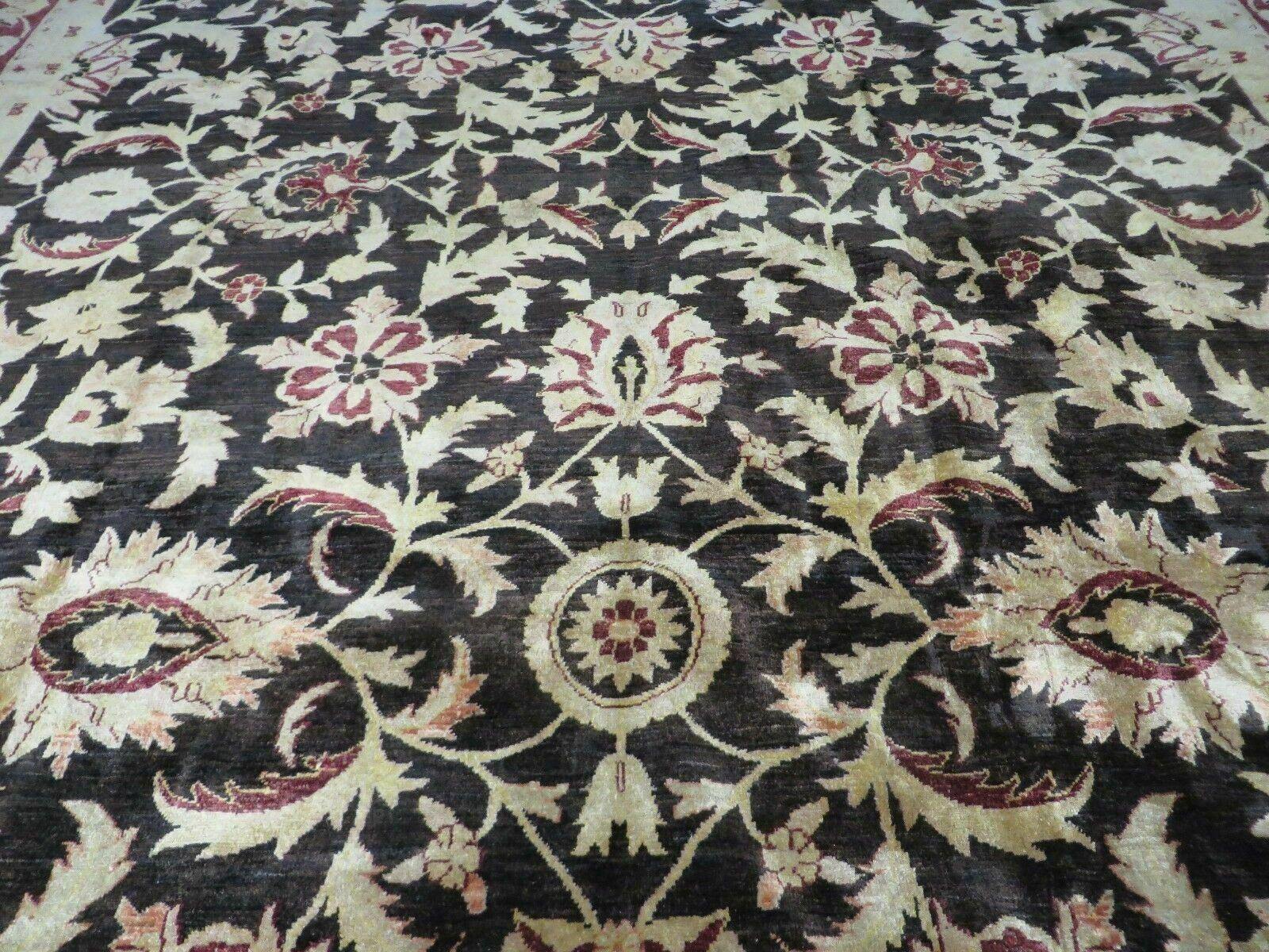 11' X 15' Vintage Hand Knotted Indian Agra Wool Rug Hand Made Dark Brown Floral - Jewel Rugs