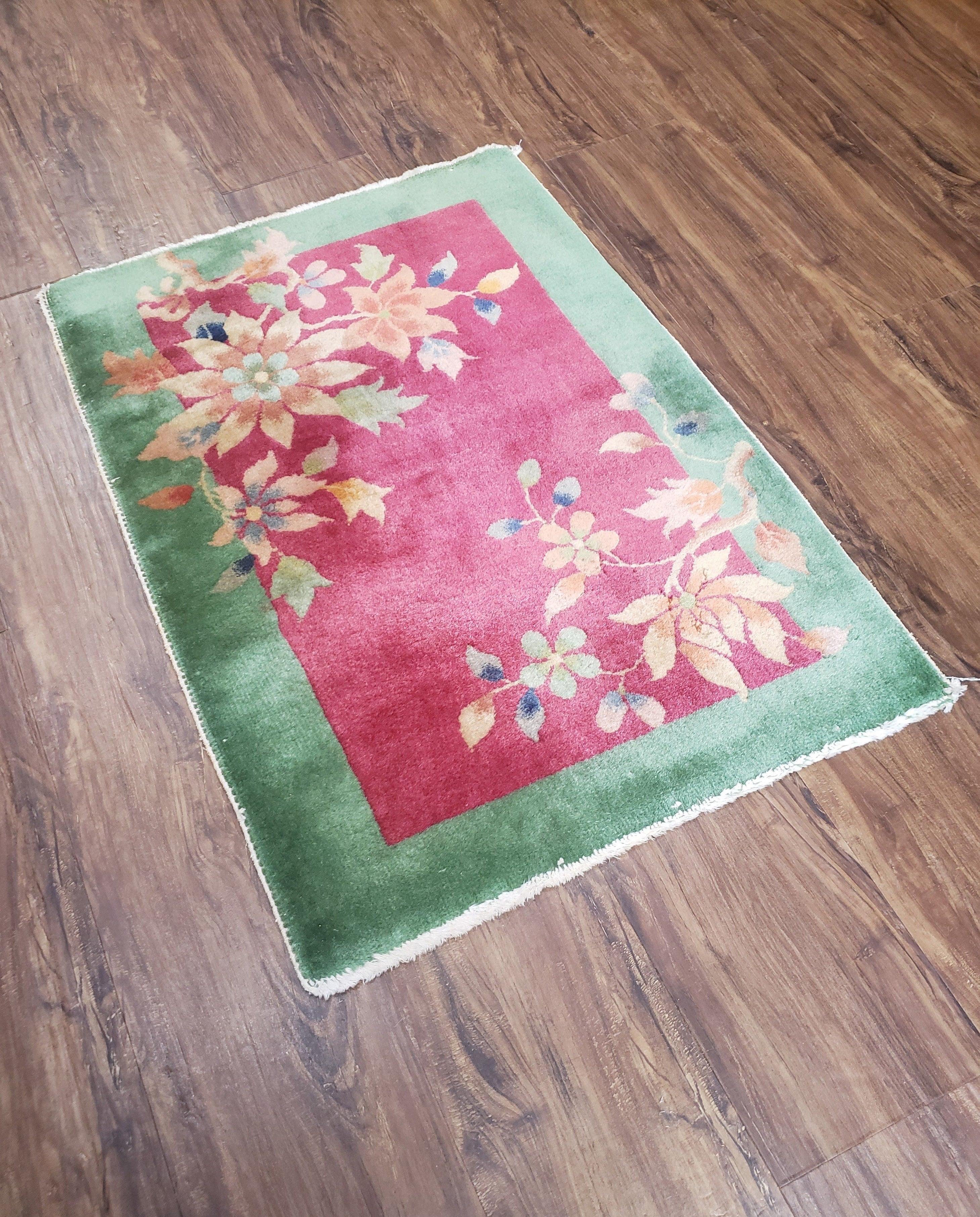 Small Nichols Rug 2x3, Chinese Nichols Rug, Antique Nichols Rug, Chinese Art Deco Accent Rug, Pinkish Red and Green, Flowers, Rare, Asian - Jewel Rugs