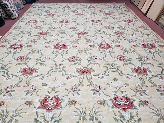 Needlepoint Rug 10x14 Wool Flatweave Carpet, English Floral Pattern, Pale Yellow, Roses, Allover Pattern, Handmade Large Needlepoint Nice - Jewel Rugs
