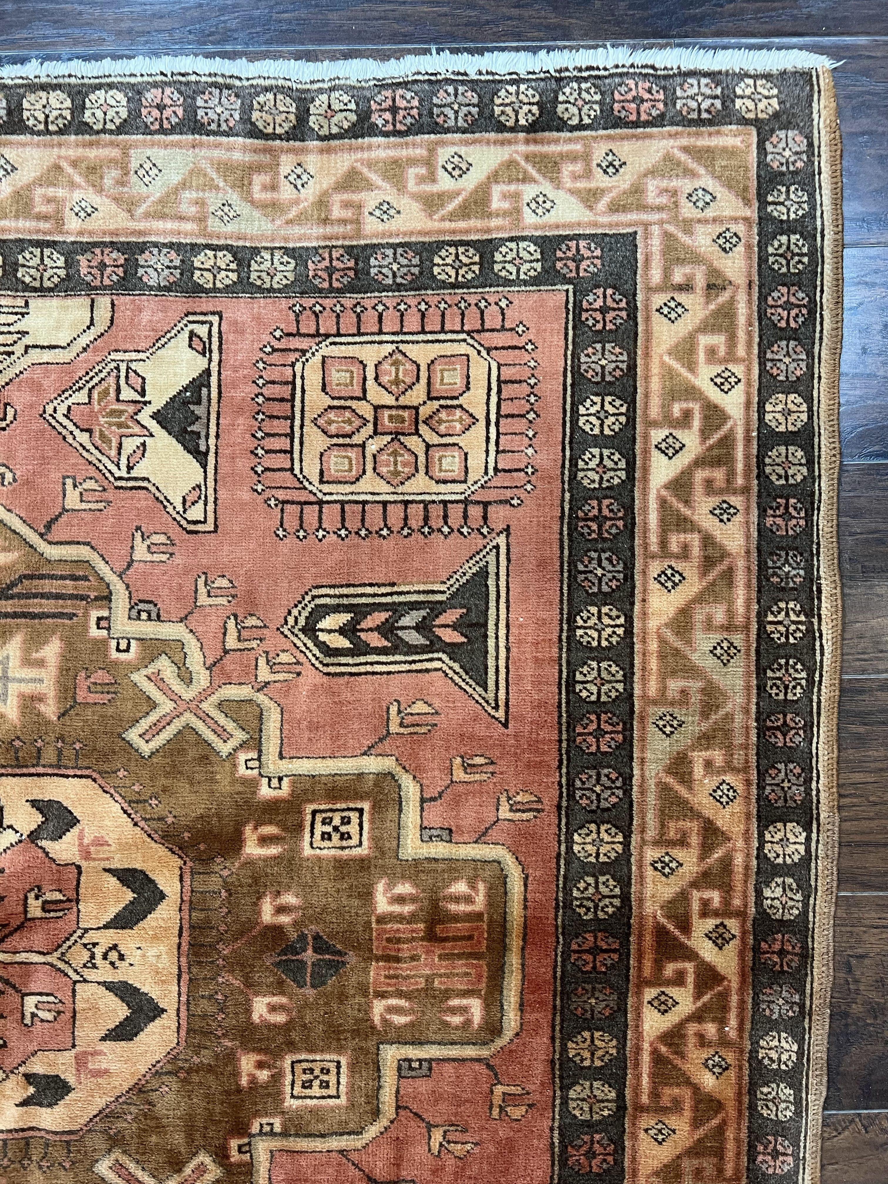 Wide Persian Ardabil Runner Rug 5x11, Vintage Semi Antique Handmade Wool Hallway Corridor Carpet, Geometric Caucasian Kazak Pattern, Salmon Cream - Jewel Rugs