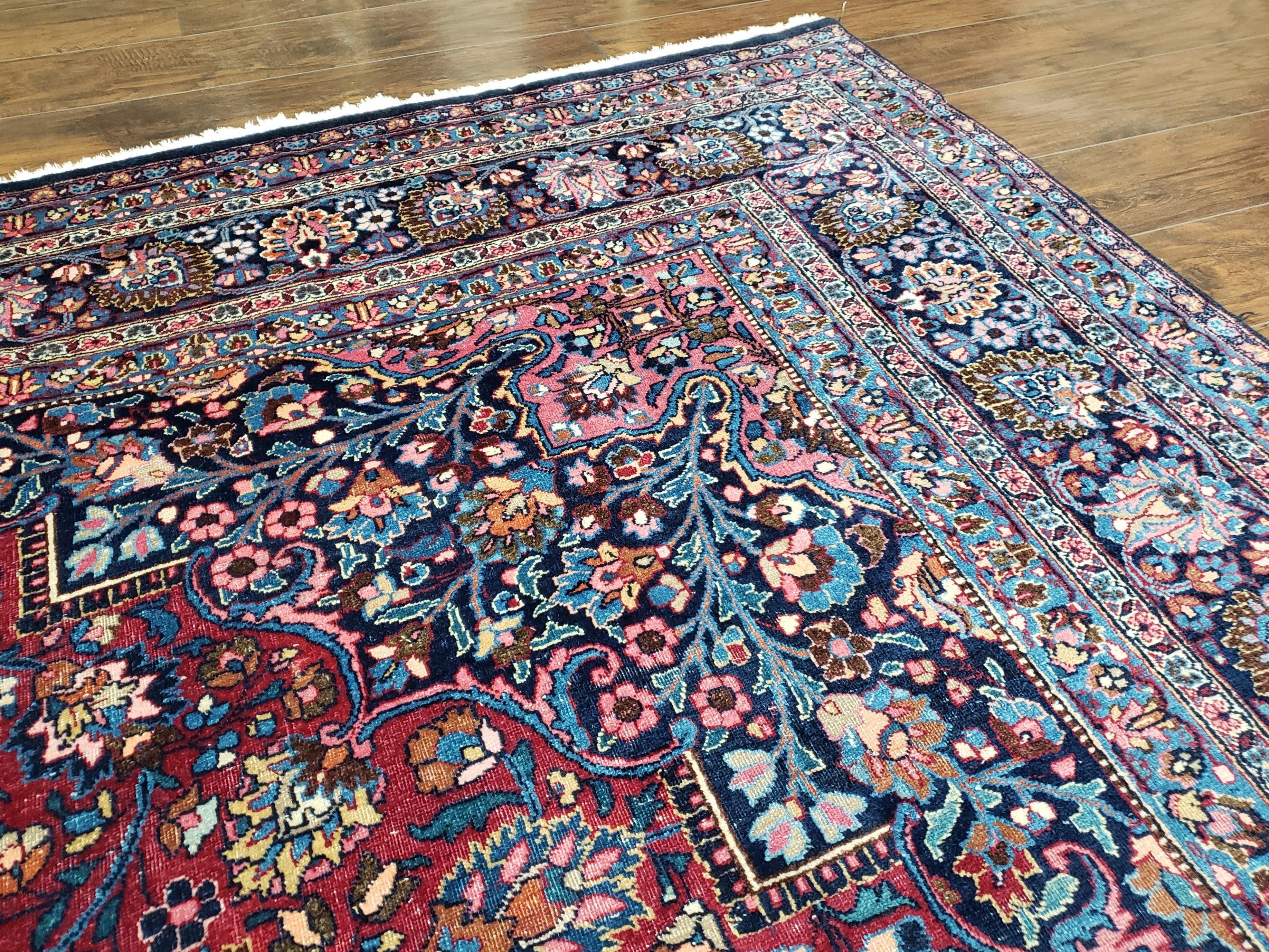 Antique Persian Mashad Rug, Palace Size, Hand-Knotted, Wool, Allover Floral with Medallion, Ruby Red and Dark Blue, 11' x 15' - Jewel Rugs