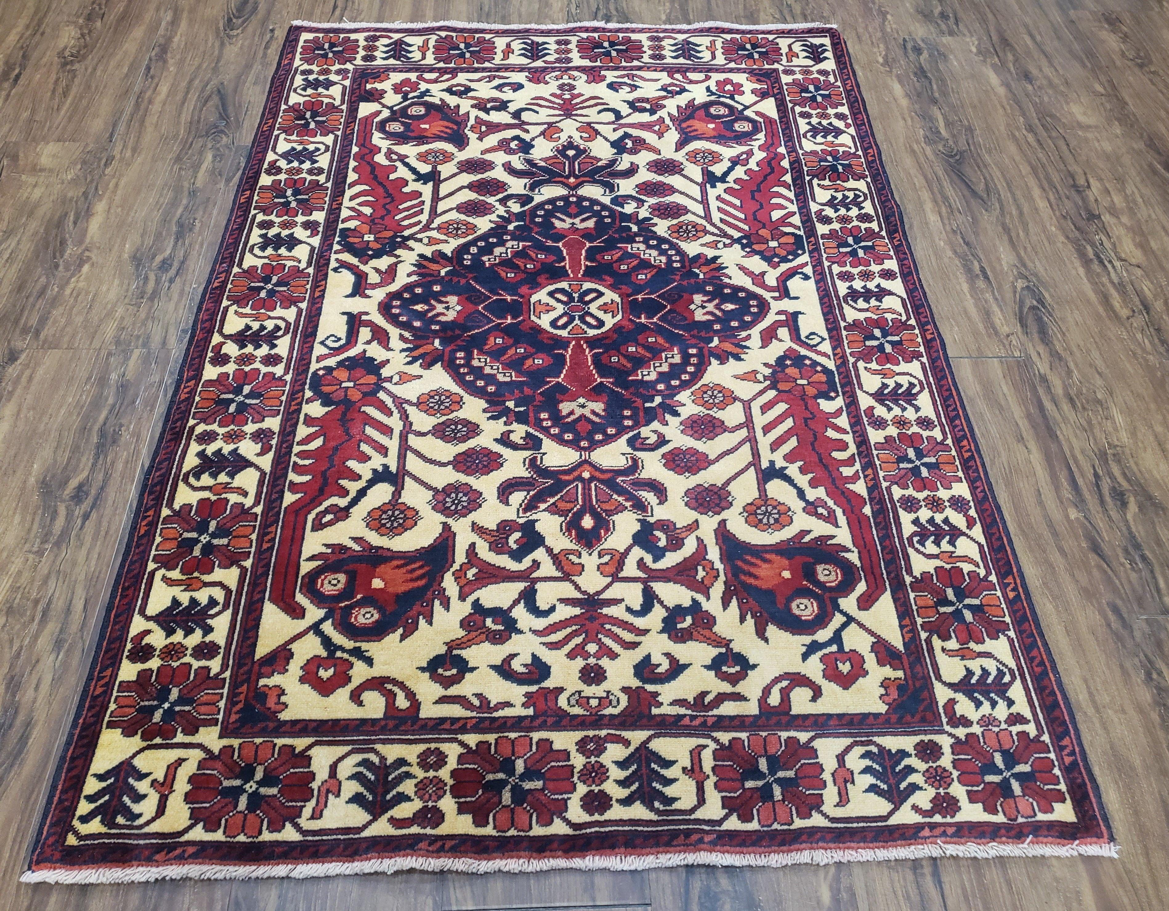 Vintage Small Afghan Tribal Area Rug 3x4 - 3x5, Wool Hand-Knotted Ivory Red Balouchi Floral Carpet, Handmade Oriental Entryway Rug Medallion - Jewel Rugs