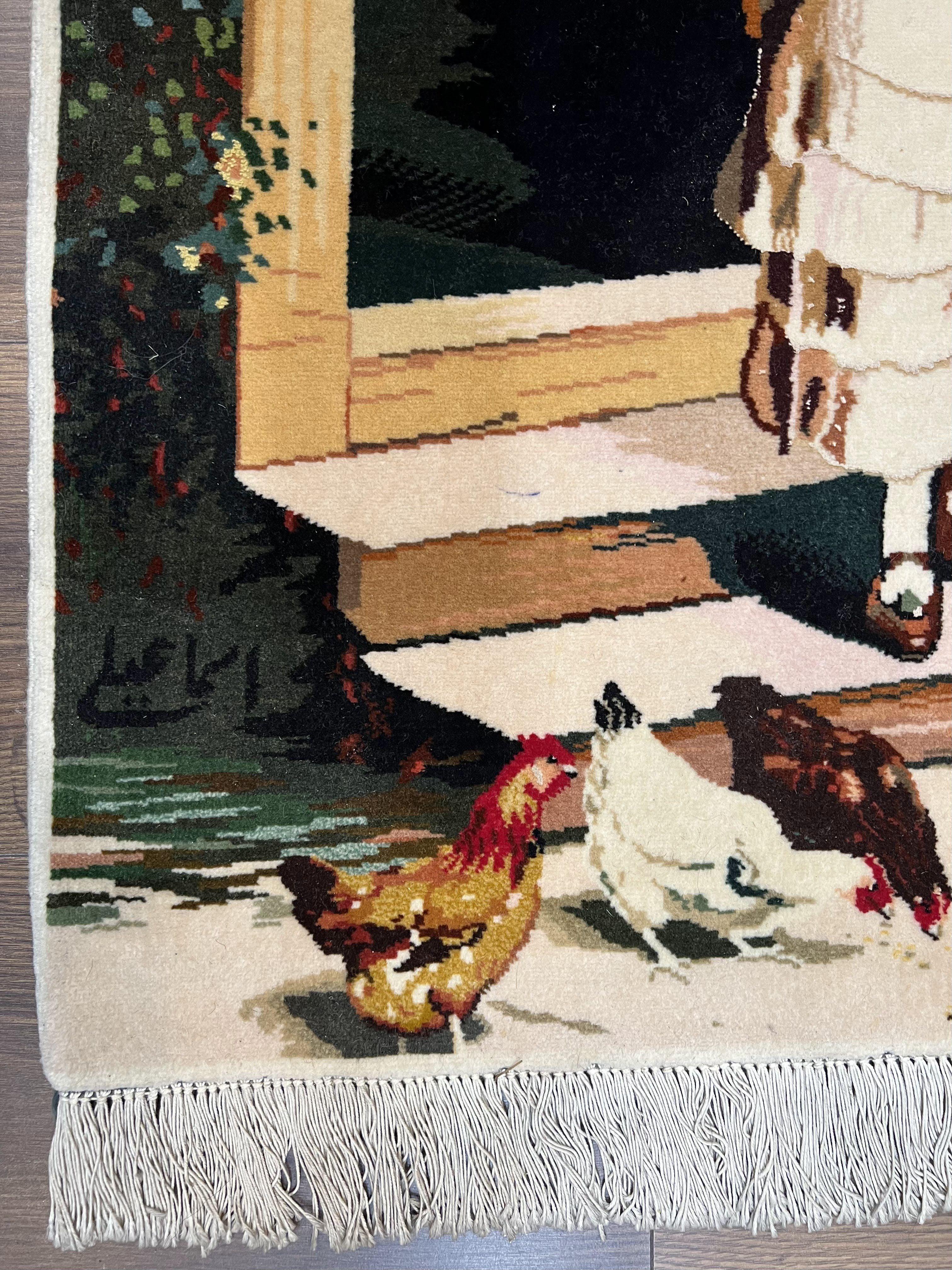 Persian Tabriz Pictorial Rug 2x3, Fine High KPSI Pictorial Carpet, Lady in Front of Home with Chickens 2 x 3 ft Oriental Rug Vintage Handmade Wool - Jewel Rugs