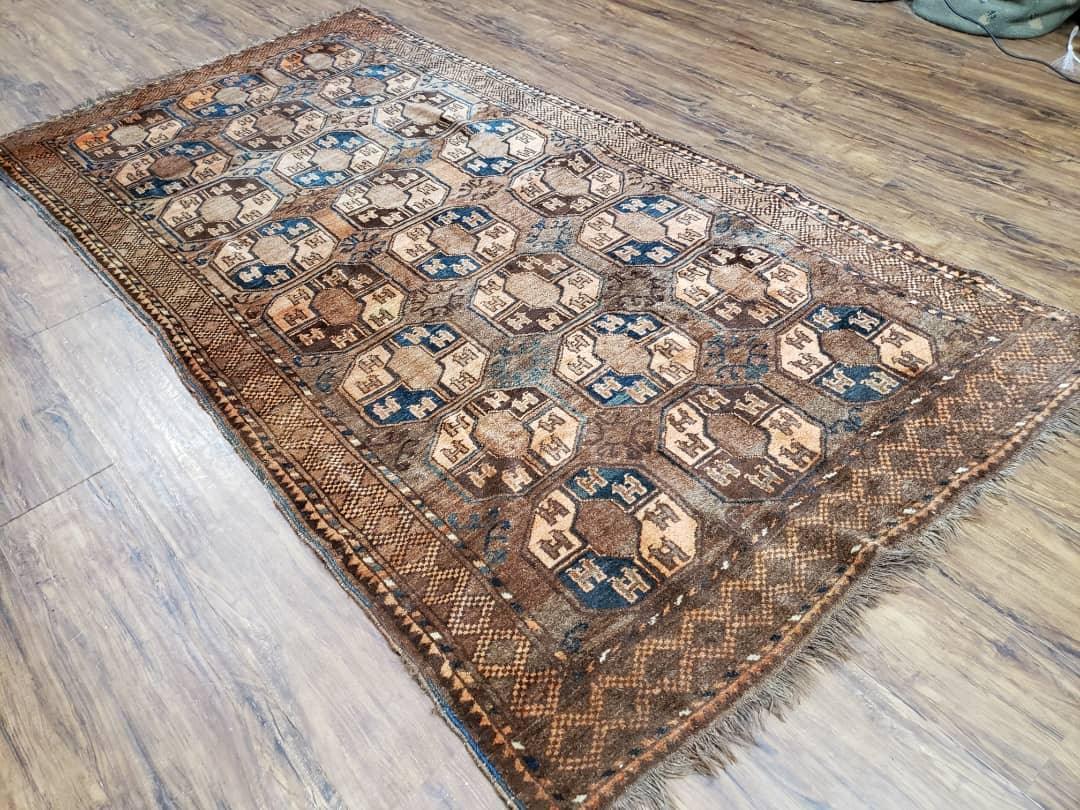 Antique Afghan Tribal Area Rug 4' x 7' 8", Afghanistan Bashir Oriental Carpet, Hand-Knotted Brown Vintage Rug, Wool on Wool Corridor Rug - Jewel Rugs