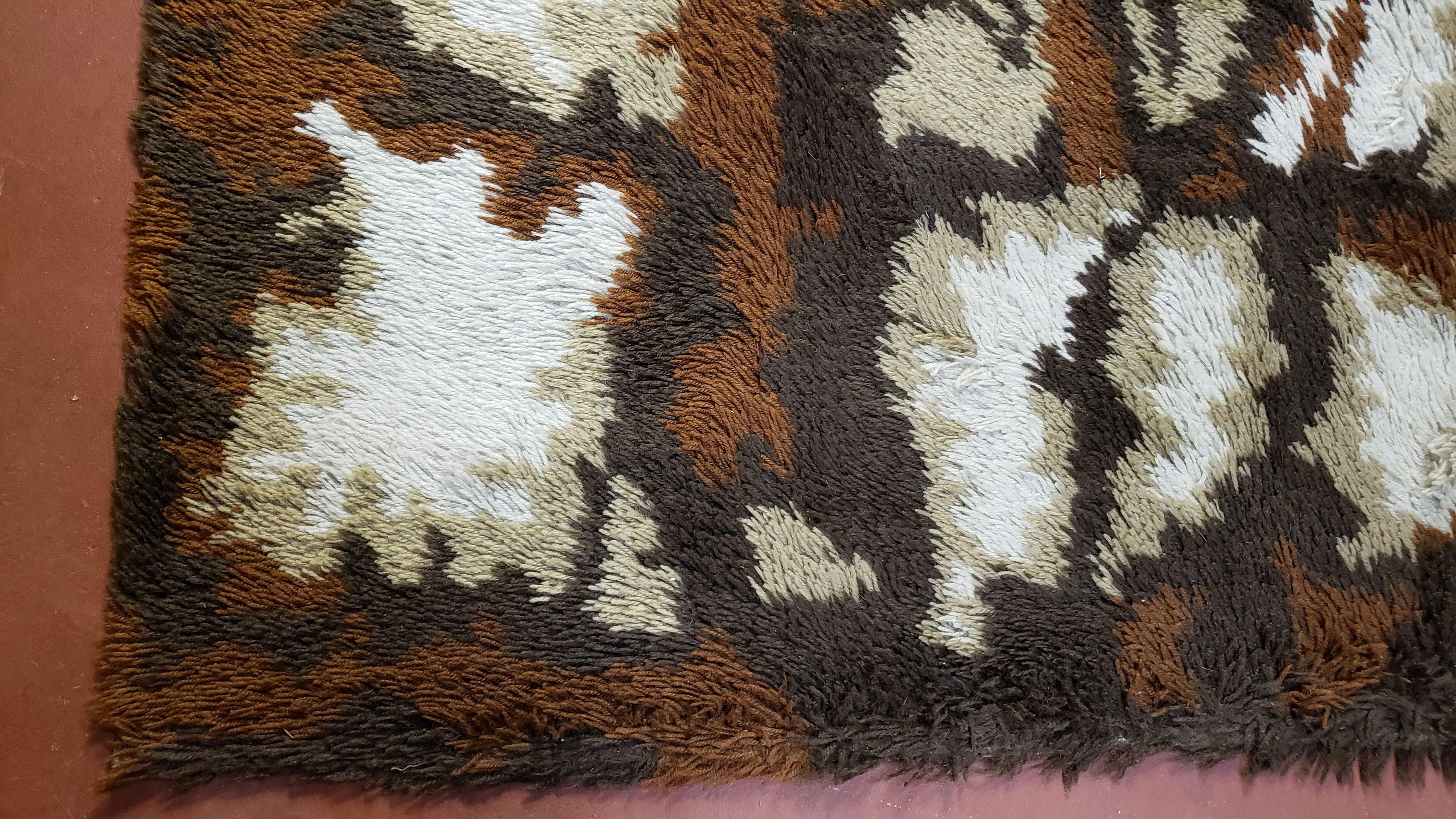 4.7 x 6.7 Rya Rug Danish Mid-Century Shag Rug Modern Abstract 1960s Carpet Brown Cream Tan Beige Area Rug 4x7 5x7 4x6 5x6 - Jewel Rugs