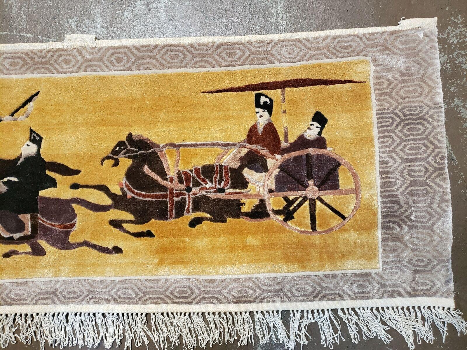 17" X 42" Handmade Chinese Silk Rug Horse Riding Carriage Ride Wall Hanging Wow - Jewel Rugs