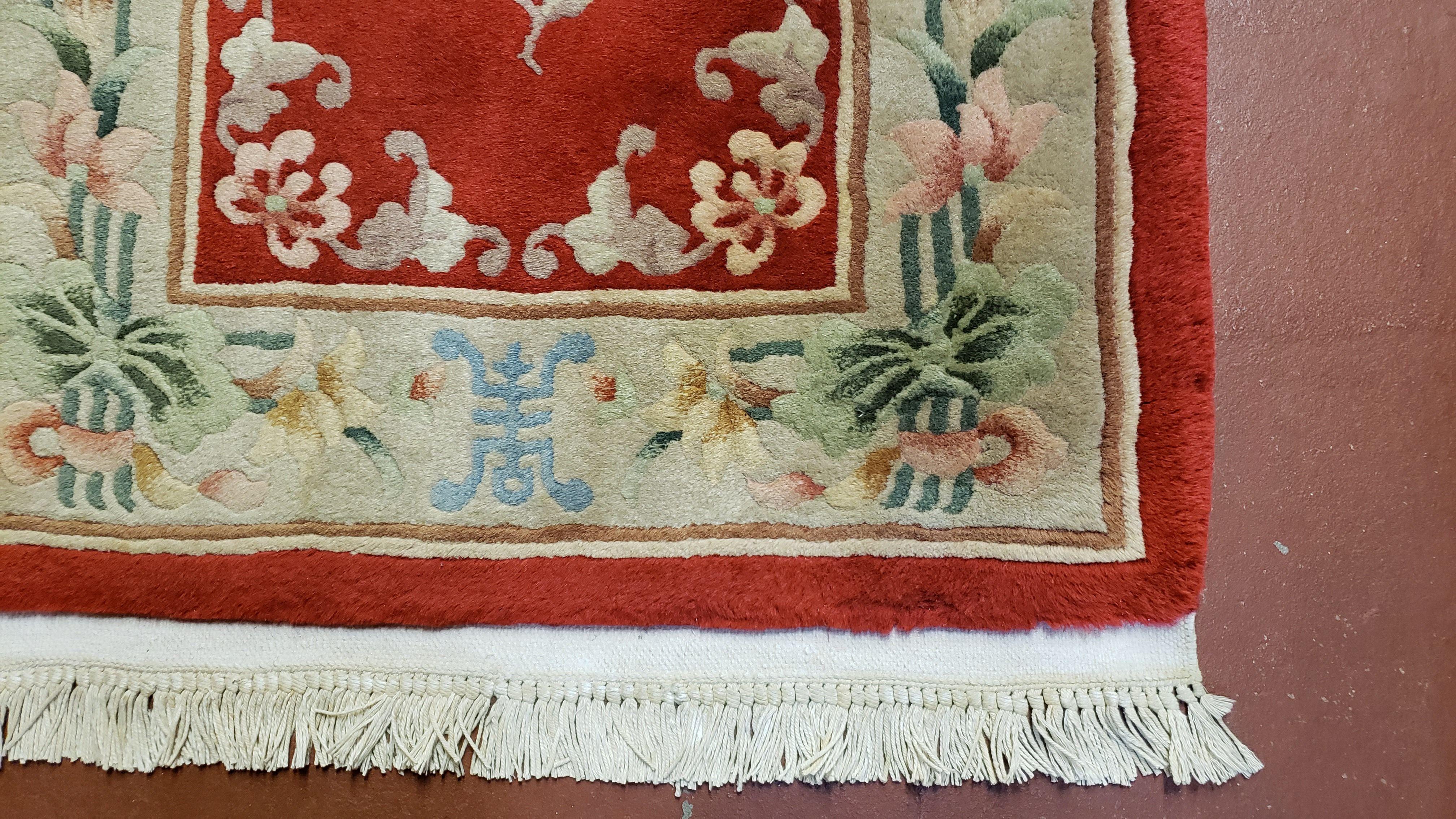 Vintage Chinese Rug, Small Red & Beige Chinese Carpet, Flowers Rug, Hand Knotted Wool Accent Rug, 2' 4" x 4' 8", 2x4, 2x5 - Jewel Rugs