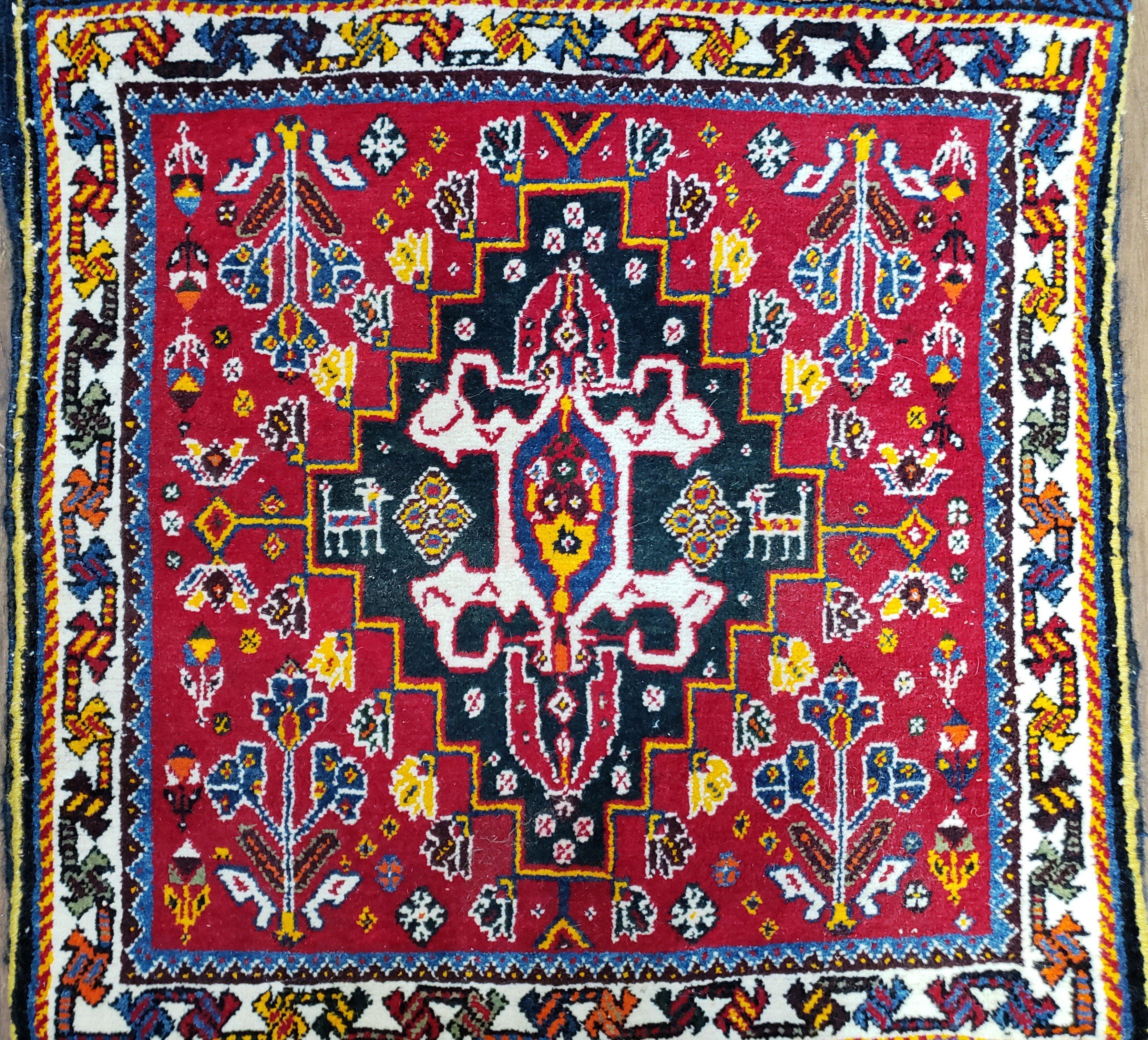 Antique Persian Tribal Qashqai Double Seat Cushions Bag, Red, Hand-Knotted, 2'6" x 4' 10", Nomadic Tribal Collectible Rug, Hand Knotted, Wool - Jewel Rugs