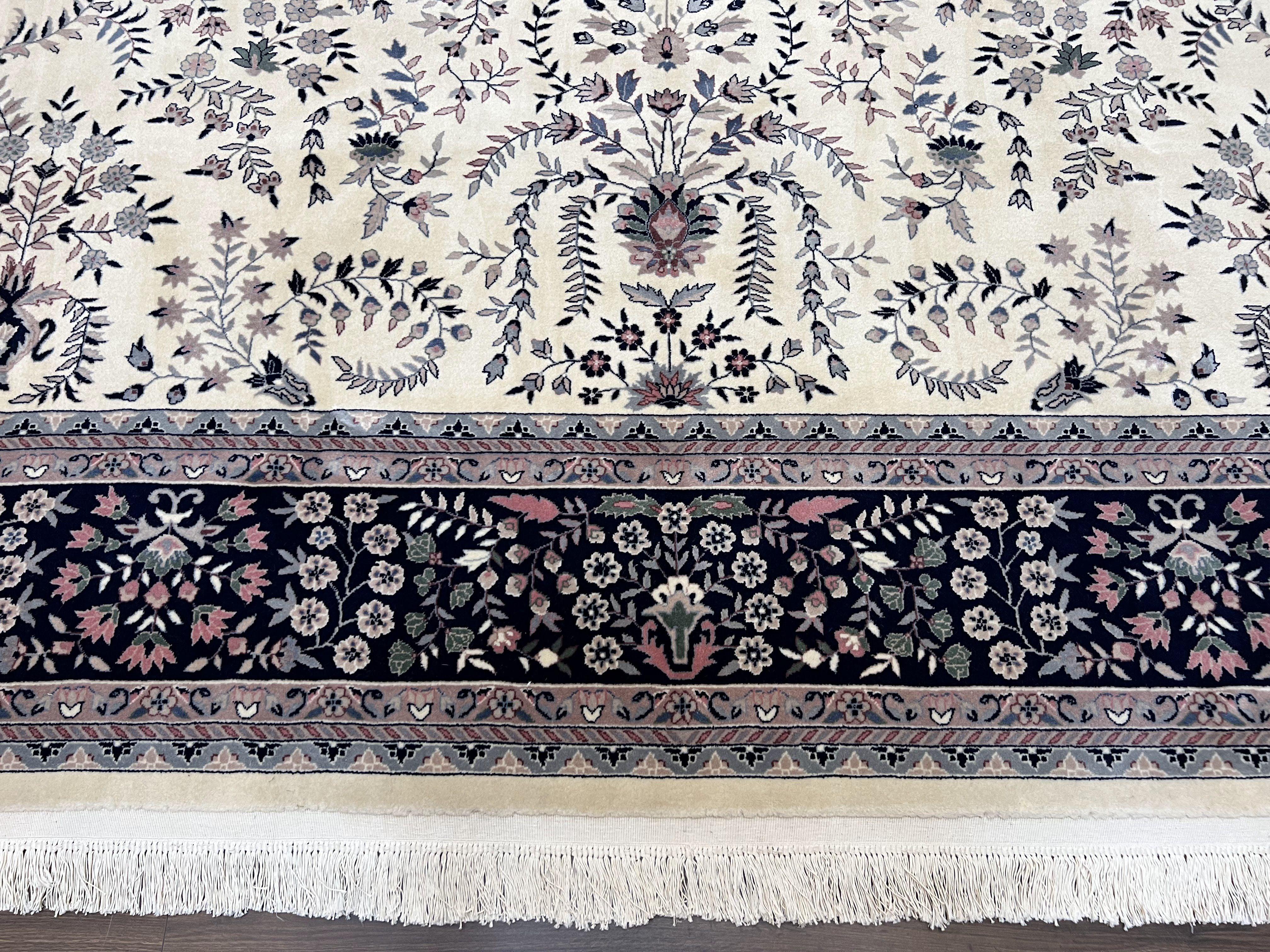 Large Indo Persian Kirman Rug 10x14, Indian Oriental Carpet, Hand Knotted Wool Floral Allover Rug 10 x 14 ft, Ivory Dark Blue, Traditional - Jewel Rugs