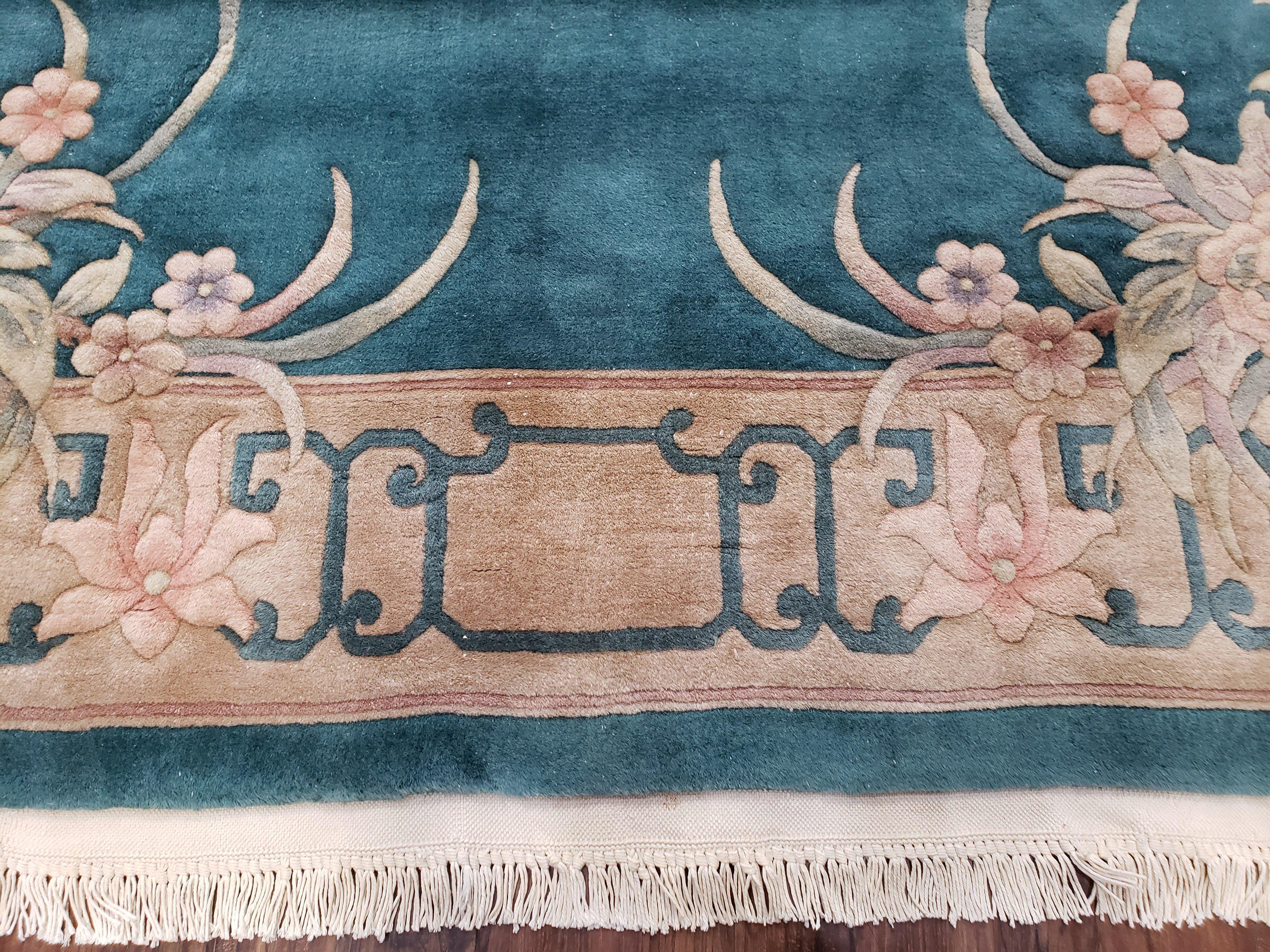 Chinese Carving Rug, 8x10 Rugs, Teal and Beige Chinese Carpet, Chinese 90 Line Rug, Vintage Chinese Art Deco Wool Rug, Handmade Rug, Floral - Jewel Rugs