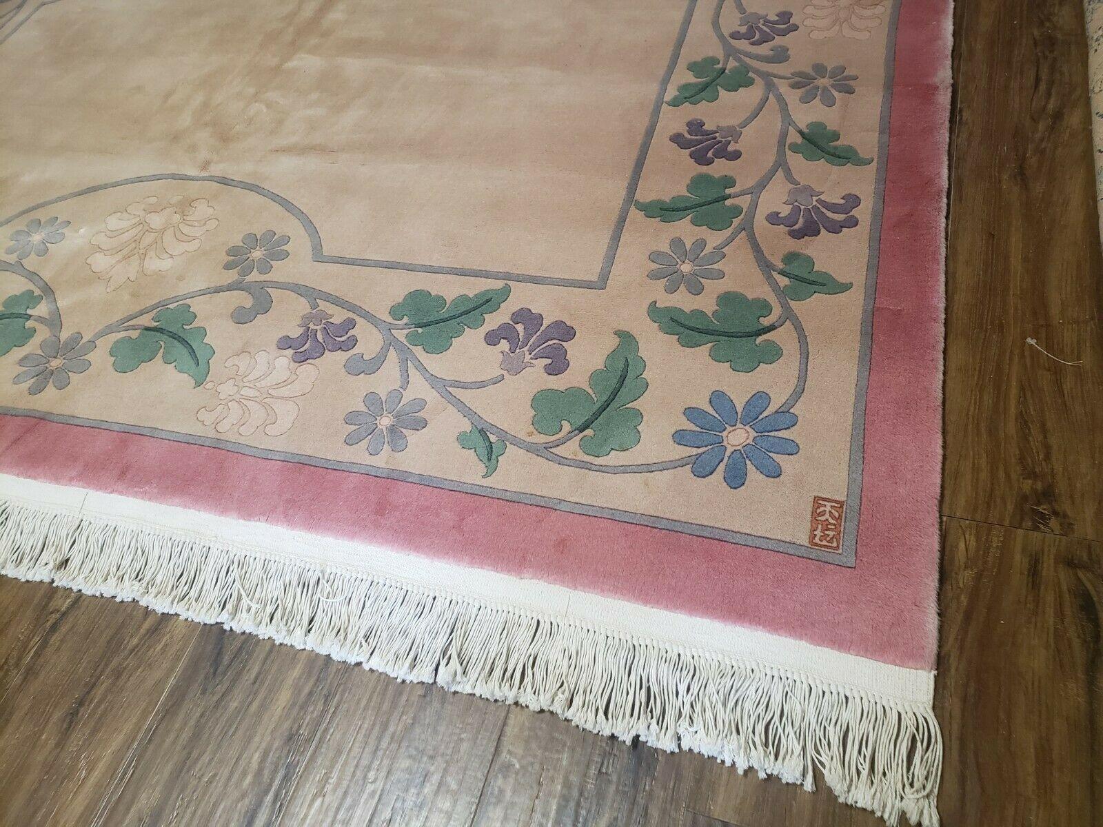 8' X 10' Vintage Handmade Chinese Art Deco 120 Lines Wool Rug Flowers Beige Wow - Jewel Rugs