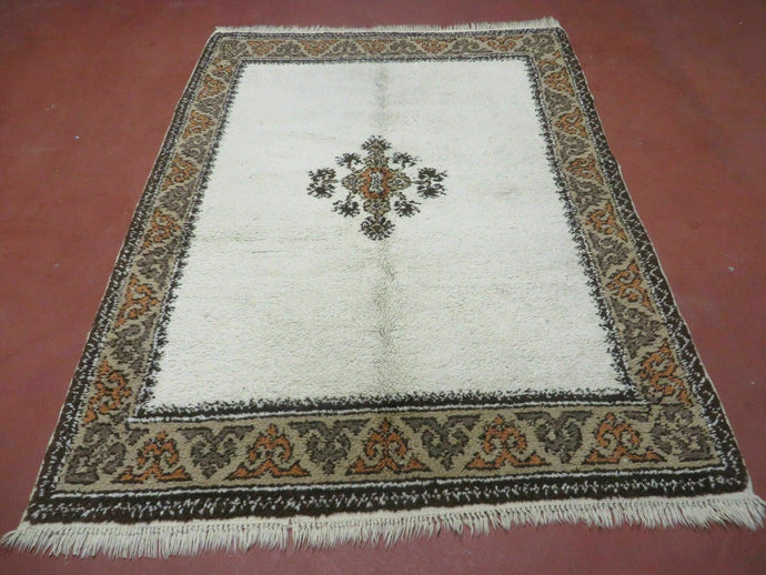 5' X 6' Vintage Handmade Moroccan Berber Rabat Wool Area Rug - Beige with Brown and Tan Border Bohemian Boho Design - Jewel Rugs