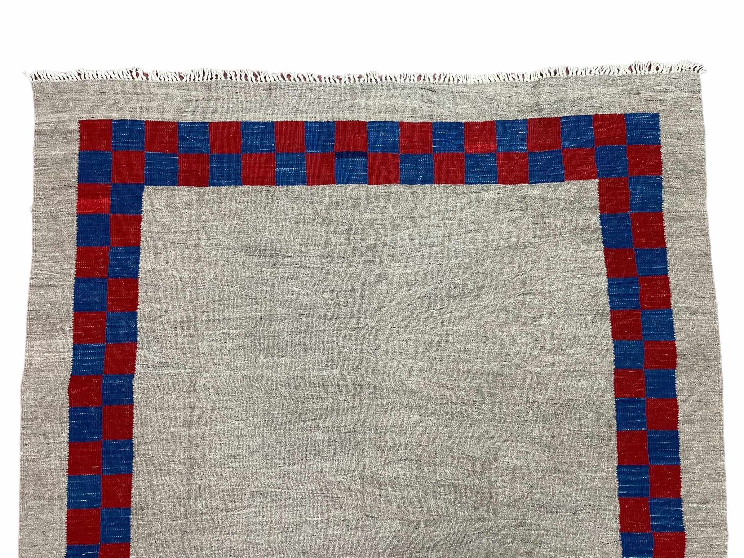 5' 7" x 7' 9" Geometric Kilim Carpet, Gray, Handmade, Hand-Knotted Area Rug, Blue & Red, Flatweave, Wool, New, Checkerboard Pattern - Jewel Rugs