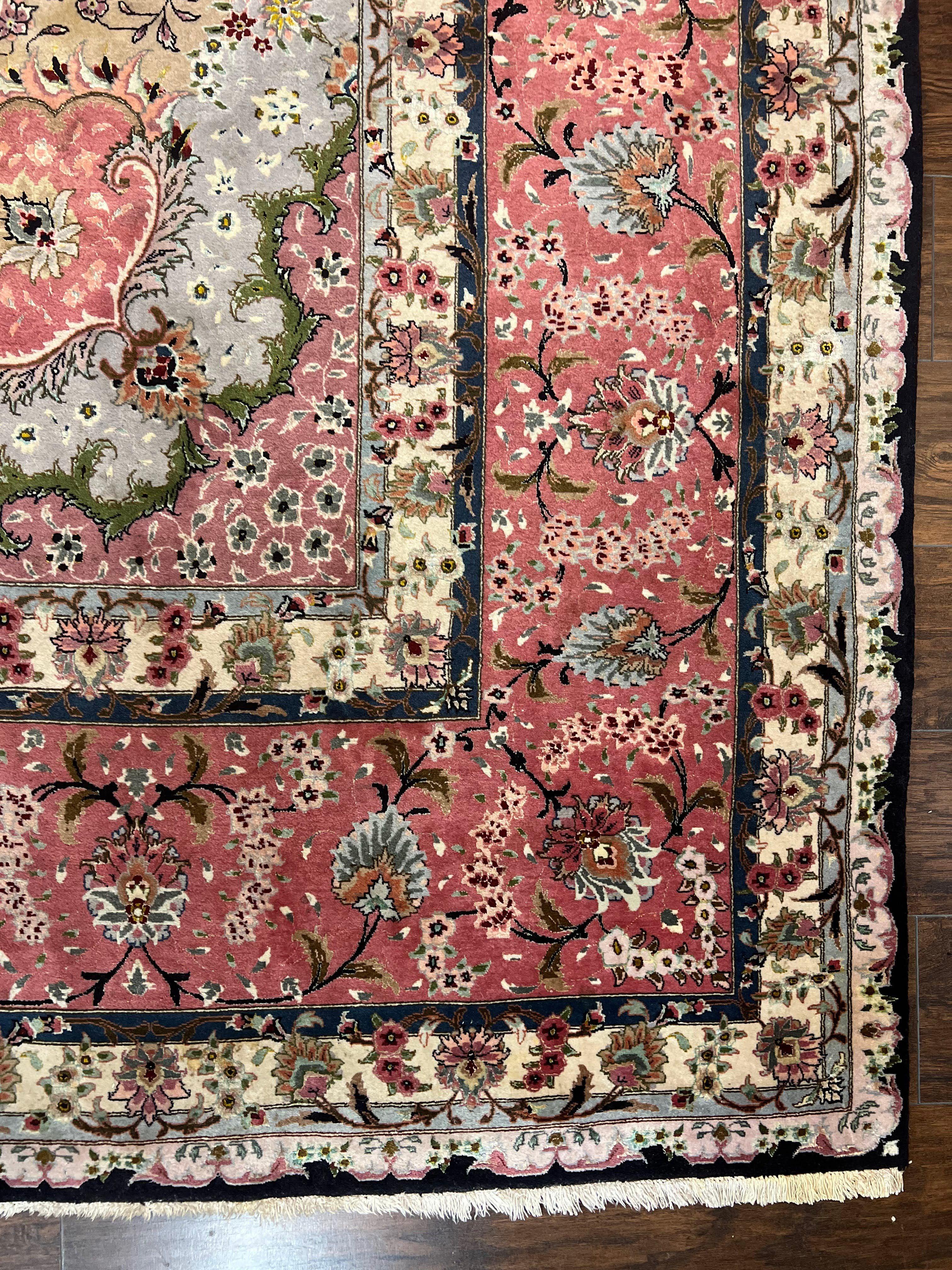 Magnificent Persian Tabriz Rug 11x16, Oversized Persian Carpet 11 x 16 ft, Wool on Silk Finely Hand Knotted, 450 KPSI, Floral Medallion, Black Pink - Jewel Rugs