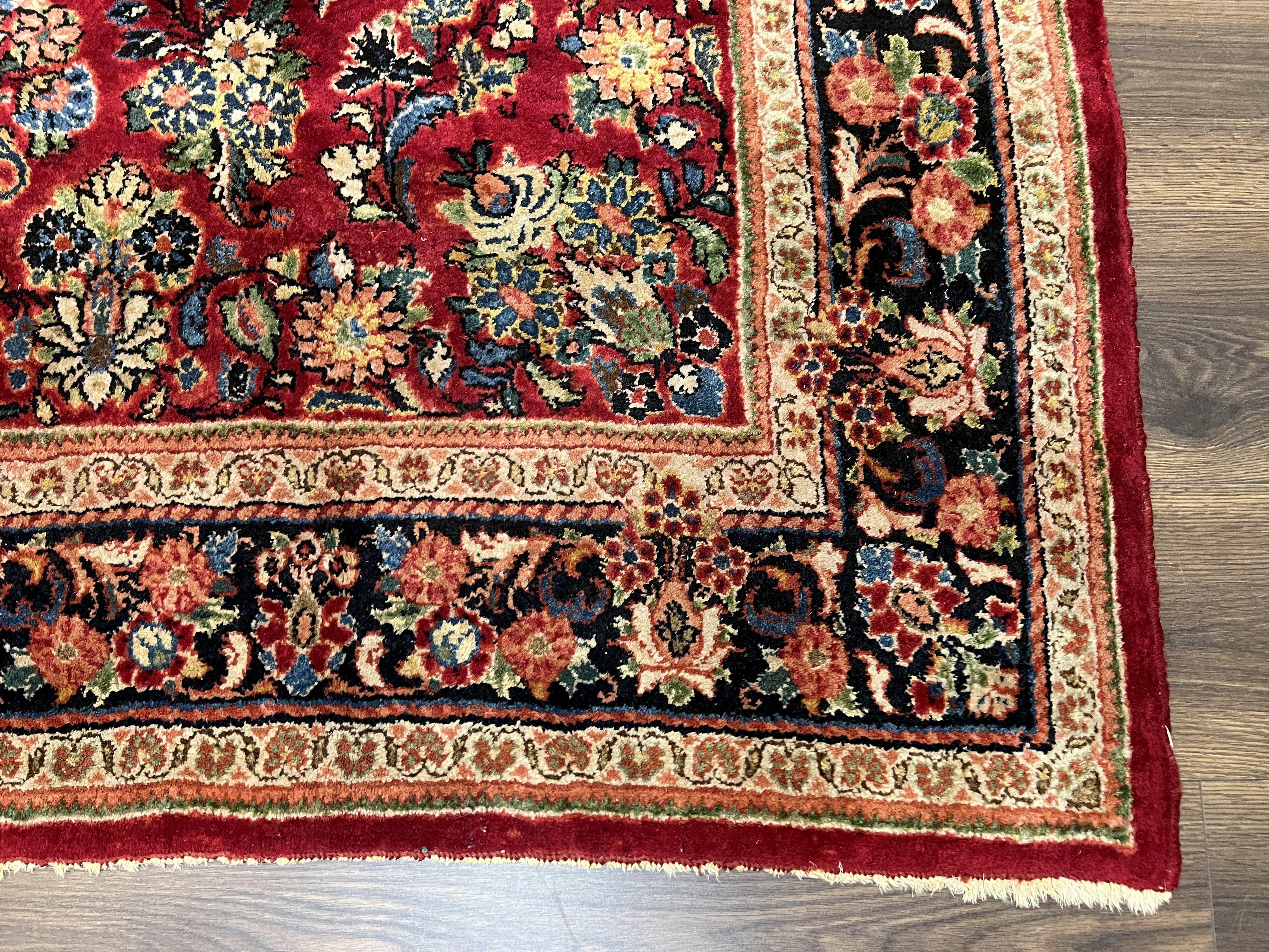 Rare Persian Almost Square Rug 6.3 x 5.3, Hand Knotted Wool Antique 1920s Sarouk Oriental Carpet, Red Navy Blue Beige, Floral Allover, 5x6 Area Rug - Jewel Rugs