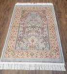 Teal & Beige Small Silk Rug, Flowers, Vase, Detailed, Super Fine, Silk-on-Silk Accent Rug, New Oriental Carpet 2.8 x 4.1, Bamboo Silk - Jewel Rugs