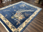 Chinese Wool Rug 8x10, Blue and Cream Art Deco Carpet, Vintage 1960s Oriental 120 Line Nichols Rug, Floral Design, Soft Plush Wool, Handmade - Jewel Rugs