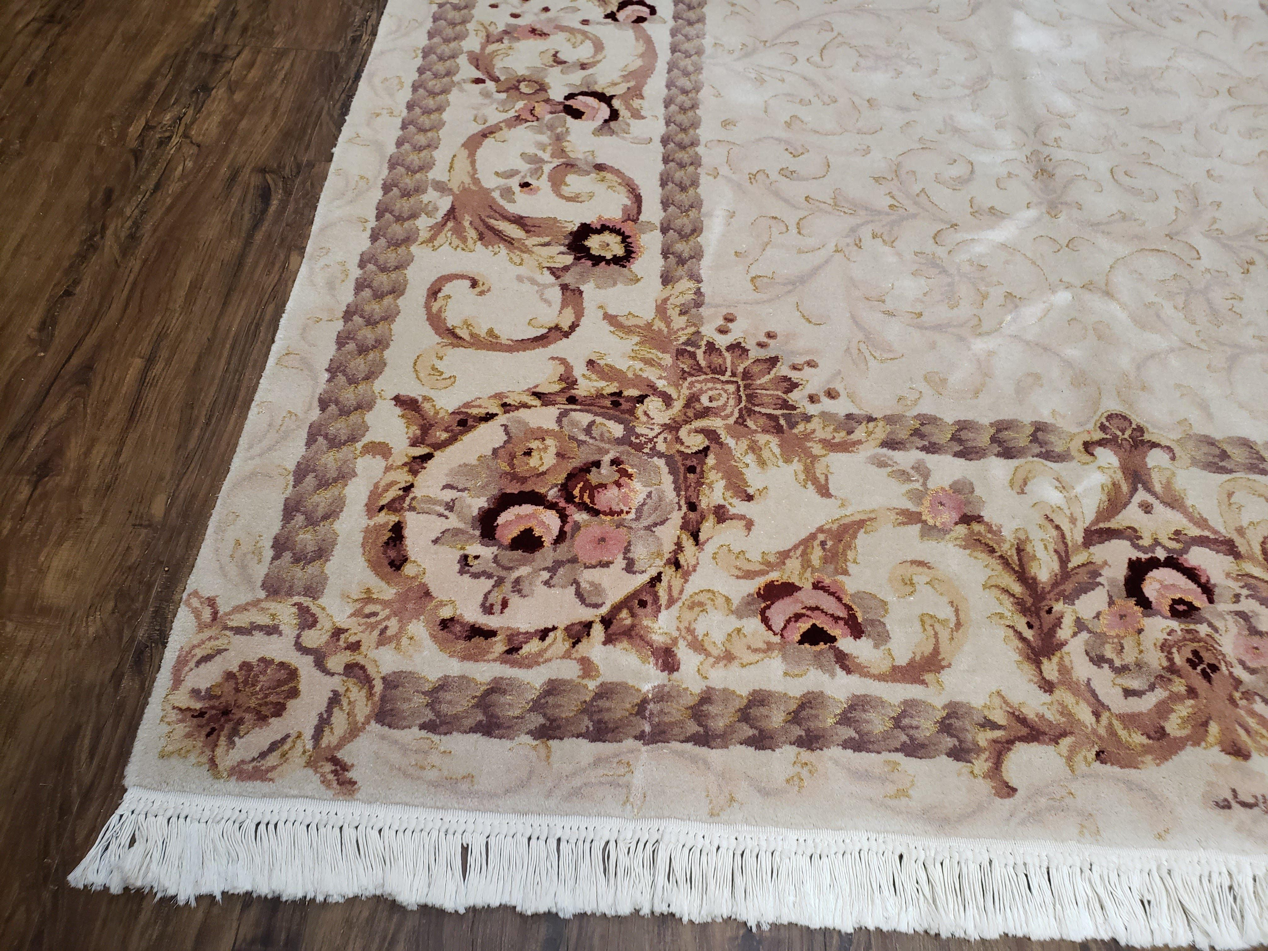 Vintage Ivory Chinese Aubusson Area Rug 6x9, Wool & Silk, Hand-Knotted 120 Line Fine Rug, European Design Carpet, 6 x 9 Master Signature Rug - Jewel Rugs