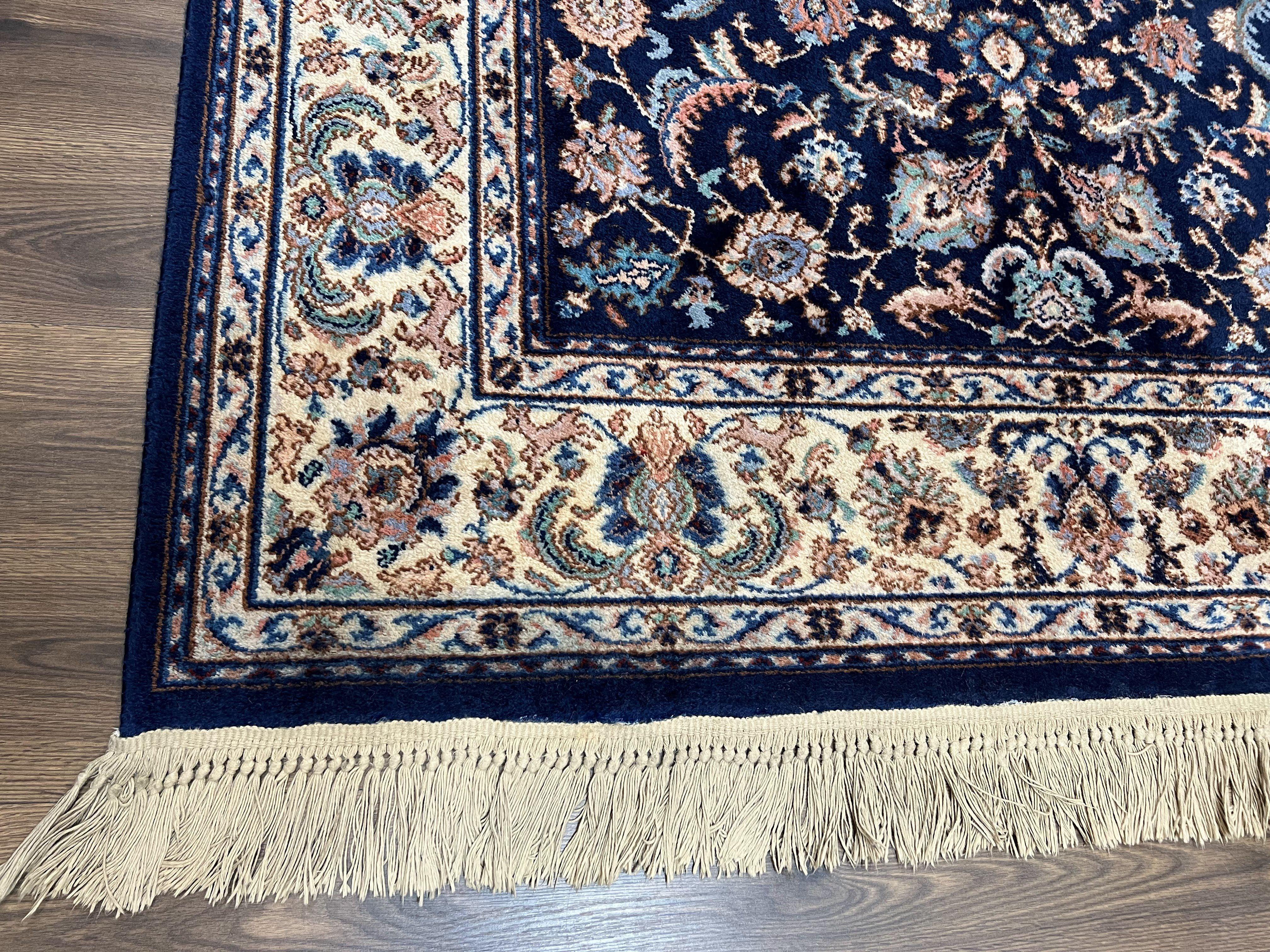 Karastan Rug #747, Indigo Tahbreez 5.9 x 9, Wool Carpet Original 700 Series, Vintage Area Rug Allover Floral, Discontinued, Navy Blue Ivory - Jewel Rugs