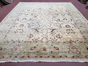Vintage Peshawar Area Rug 8'4" x 9'7", Room Sized Peshavar Wool Oriental Carpet, Ivory/Beige & Dark Violet, Farmhouse Rug, Haji Jalil Design - Jewel Rugs