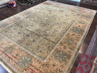 Large Indian Rug 10x14, Hand Knotted Wool Sultanabad Carpet 10 x 14 ft, Laurel Green and Salmon, Floral Allover Room Sized Handmade Rug - Jewel Rugs