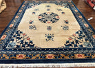 Chinese Peking Rug 9x12, Large Asian Oriental Carpet, Semi Antique Vintage Cream and Navy Blue Hand Knotted Wool Chinese Area Rug 9 x 12 ft - Jewel Rugs