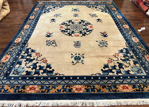 Chinese Peking Rug 9x12, Large Asian Oriental Carpet, Semi Antique Vintage Cream and Navy Blue Hand Knotted Wool Chinese Area Rug 9 x 12 ft - Jewel Rugs