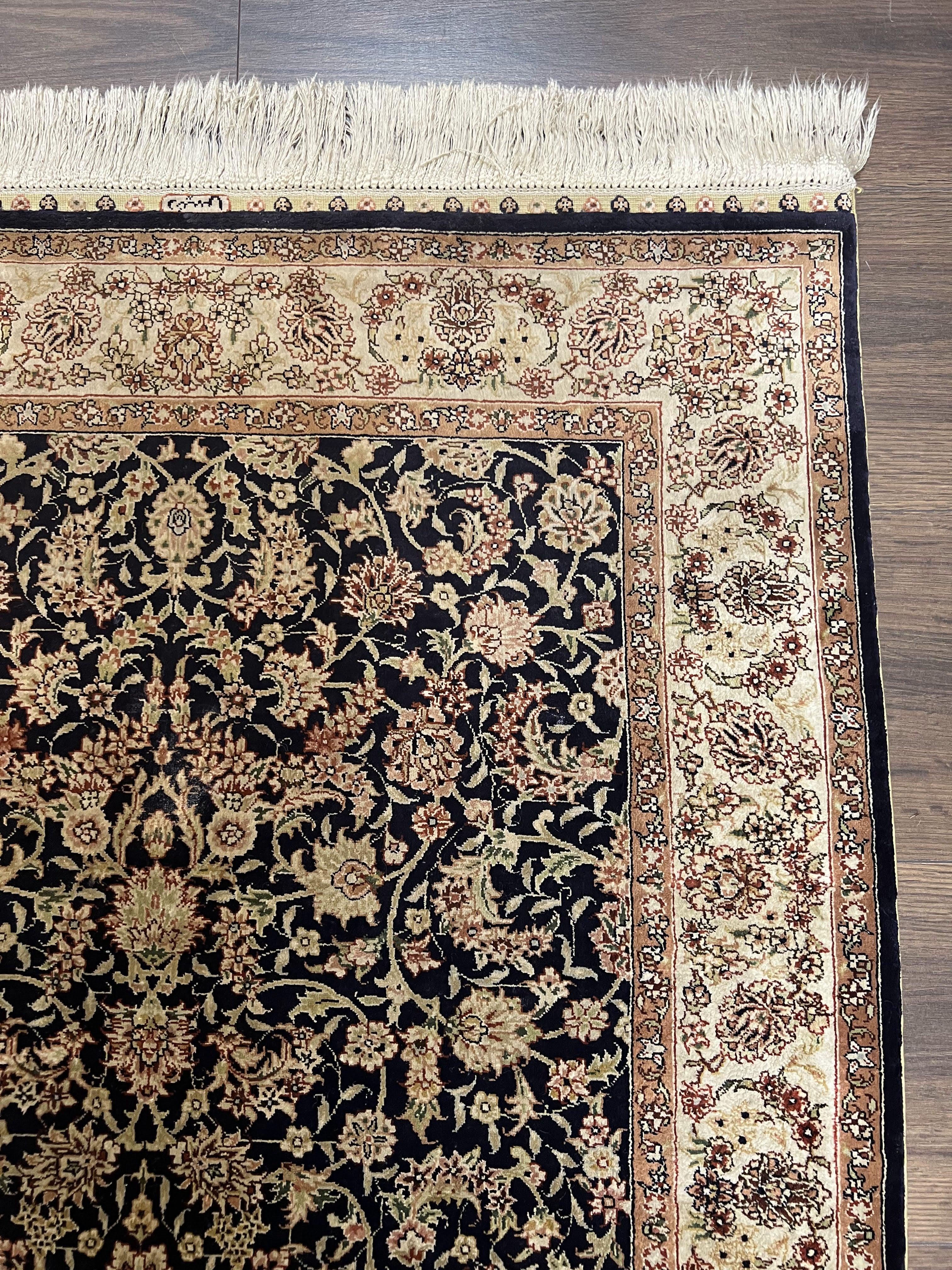 Silk Turkish Hereke Rug 2.5 x 4, Silk on Silk, Super Fine Black and Cream Floral Oriental Carpet, Signature Master Weaver, Handmade Vintage - Jewel Rugs