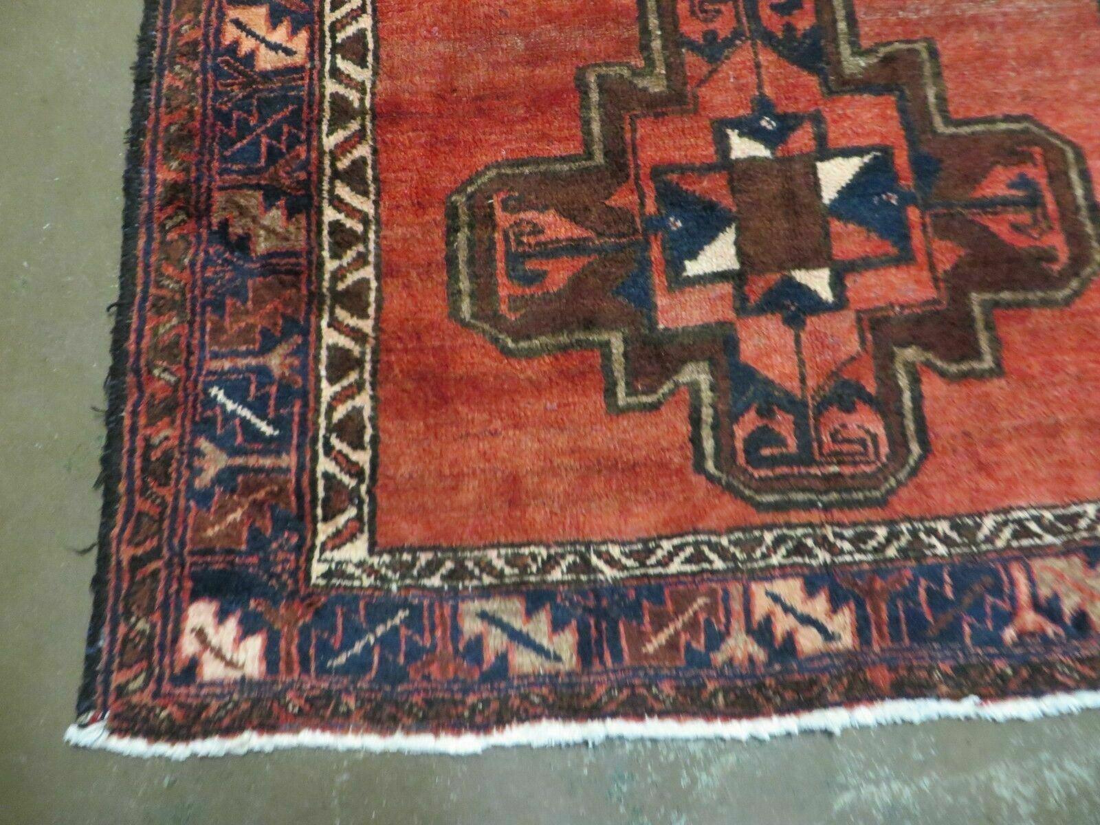 Persian Runner Rug 3.5 x 9.8, Persian Hamadan Rug with Kazak Pattern, Antique Wool Oriental Tribal Runner, Repeated Medallions, Handmade Hallway Kitchen Runner Rug, Red Navy Blue - Jewel Rugs