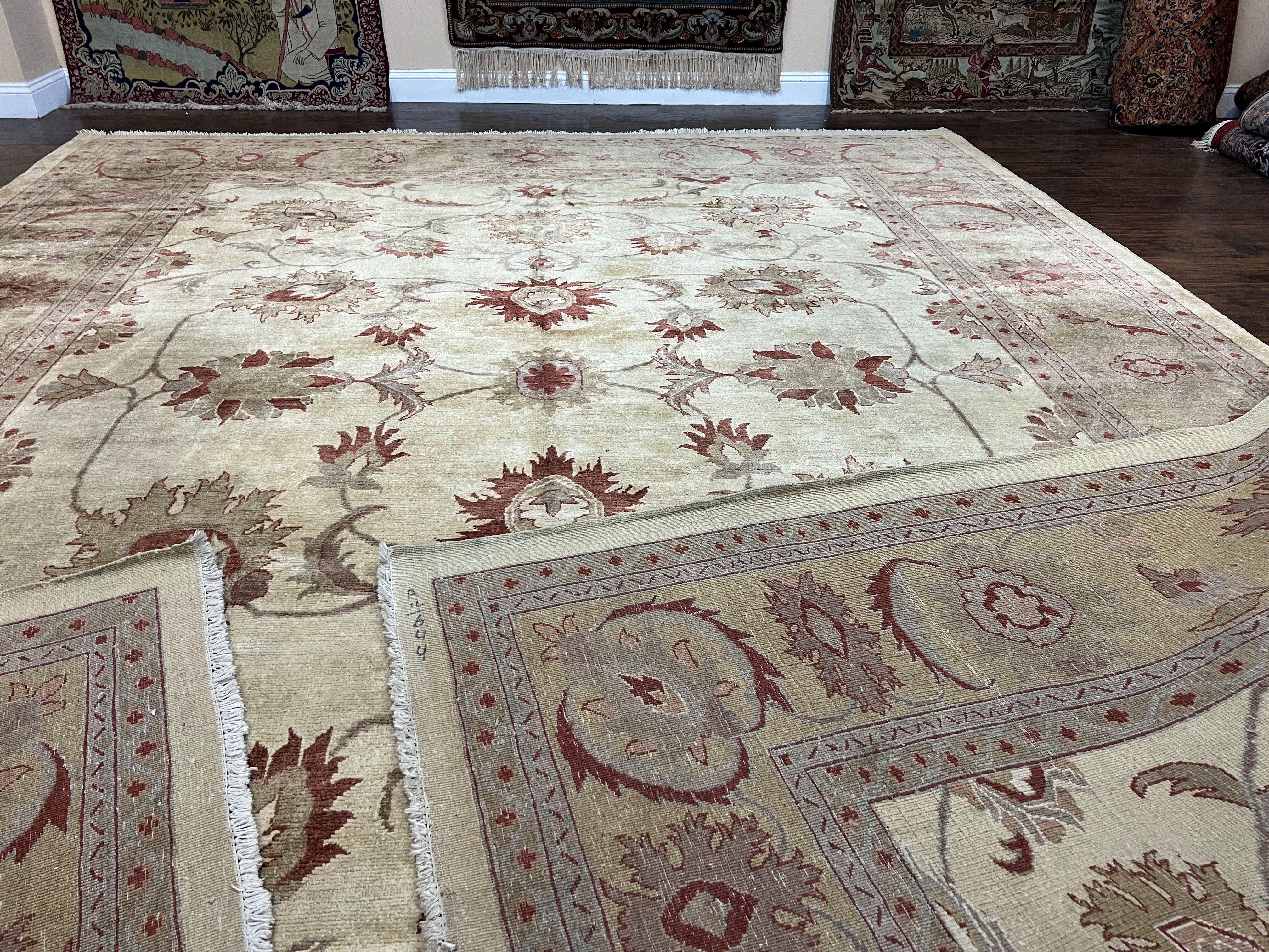 Large Peshawar Rug 11x14, Vintage Beige Chobi Carpet, Allover Floral Design, Hand Knotted, Wool, Room Sized Rug for Living Room Dining Room - Jewel Rugs
