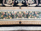 Vintage Chinese Aubusson Savonnerie Wool Area Rug, Hand-Knotted, Black & Beige, Elegant 9x12 Living Room Carpet 8.11 x 12.7 European Design - Jewel Rugs