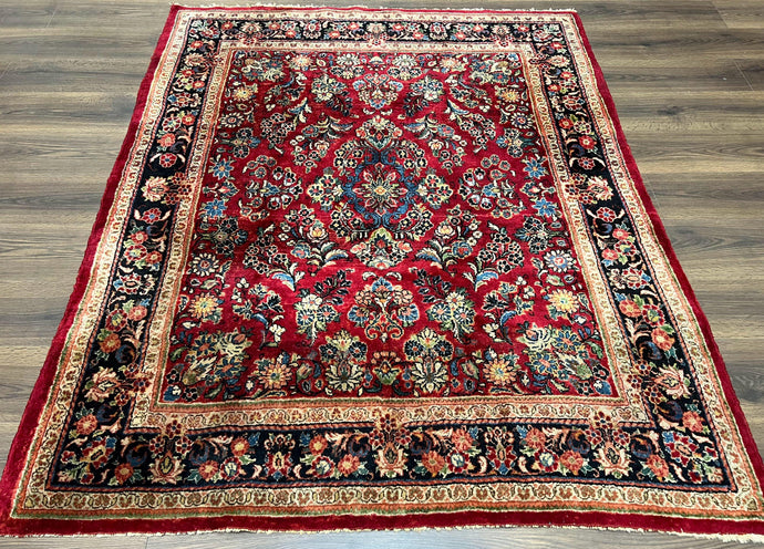 Rare Persian Almost Square Rug 6.3 x 5.3, Hand Knotted Wool Antique 1920s Sarouk Oriental Carpet, Red Navy Blue Beige, Floral Allover, 5x6 Area Rug - Jewel Rugs