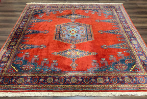 Square Persian Rug 7.7 x 7.3, Red and Blue Persian Wiss/Viss Hand Knotted Carpet, Antique Wool Oriental Tribal Rug, Boho Rug, Geometric Medallions - Jewel Rugs