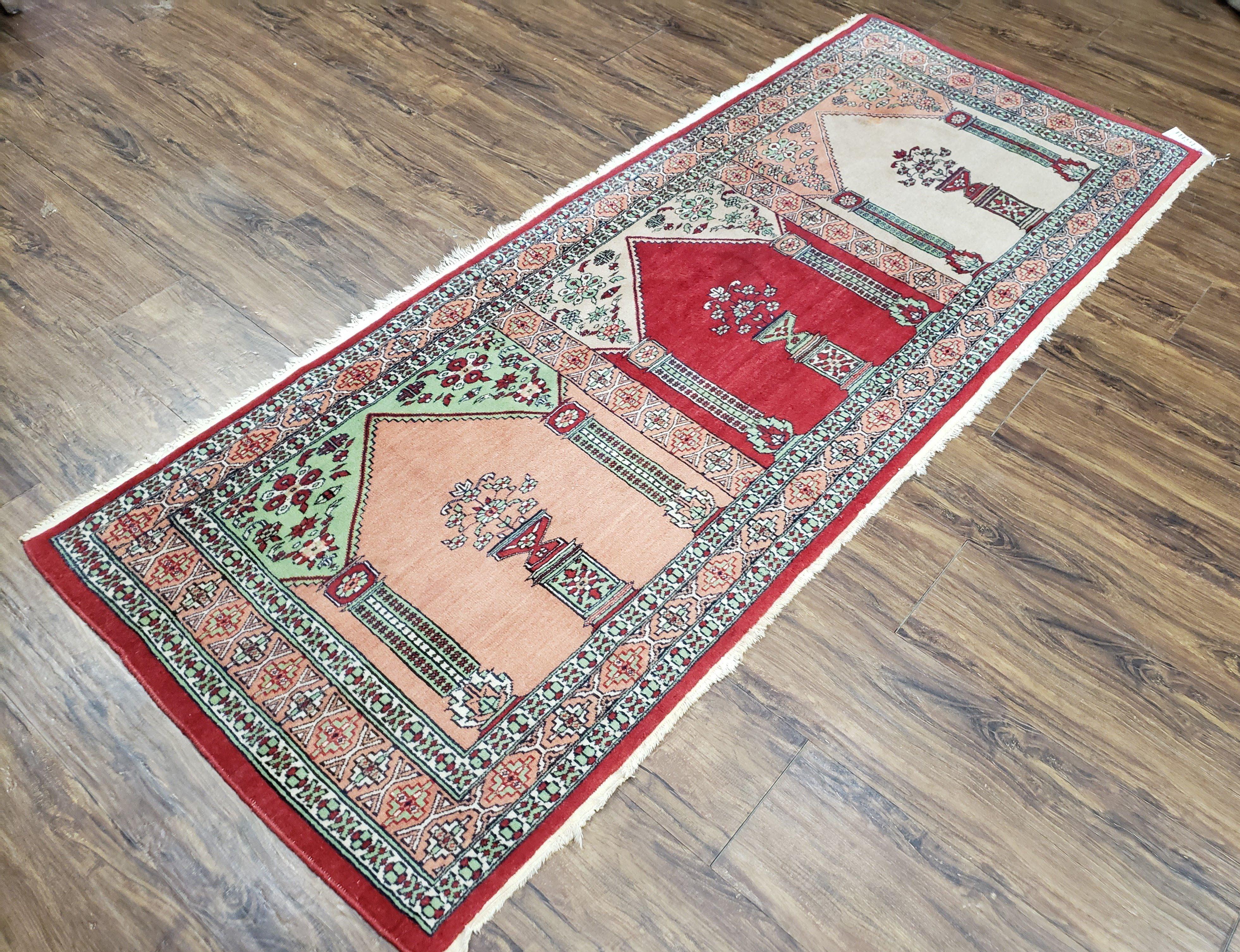 Vintage Turkish Triple Mehrab Area Rug 2.7 x 6.6, Wool Hand-Knotted Horizontal Carpet, Fine Weave, Red Peach Ivory, Nice - Jewel Rugs