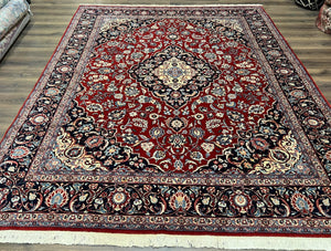 Pak Persian Rug 8x10, Vintage Pakistani Oriental Rug, Maroon Dark Blue Cream, Handmade Wool Carpet 8 x 10, Allover Floral Medallion Fine Rug - Jewel Rugs