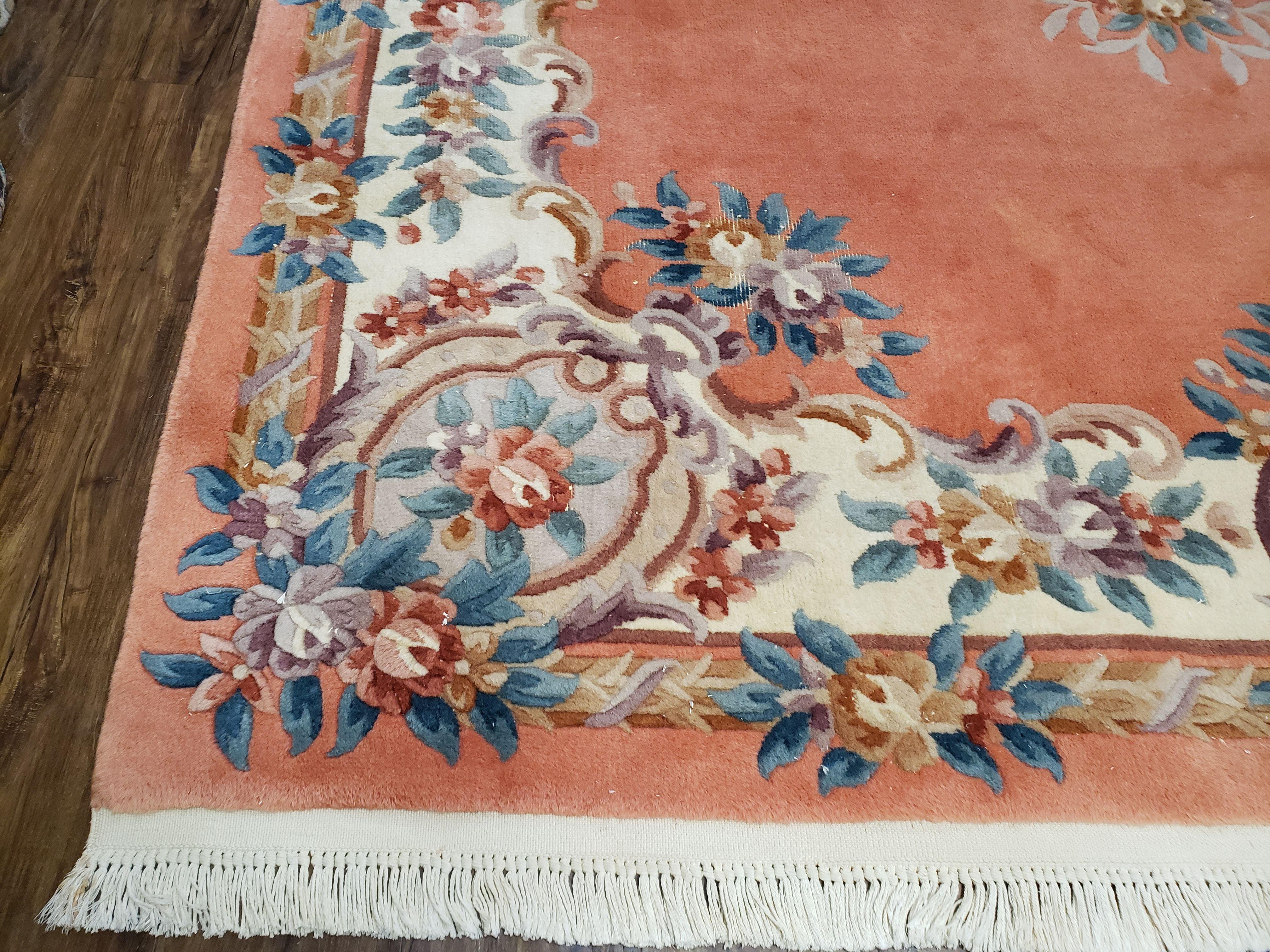 Vintage Chinese Aubusson Area Rug, Light Salmon Beige & Blue, Flowers, Plush Pile, Hand-Knotted, Chinese Art Deco Carpet, 8'3" x 11' 4" - Jewel Rugs