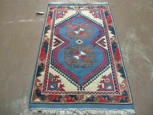 2' 6" X 4' Vintage Handmade Turkish Kazak Pattern Wool Rug Blue Beige and Red Accent Rug - Jewel Rugs