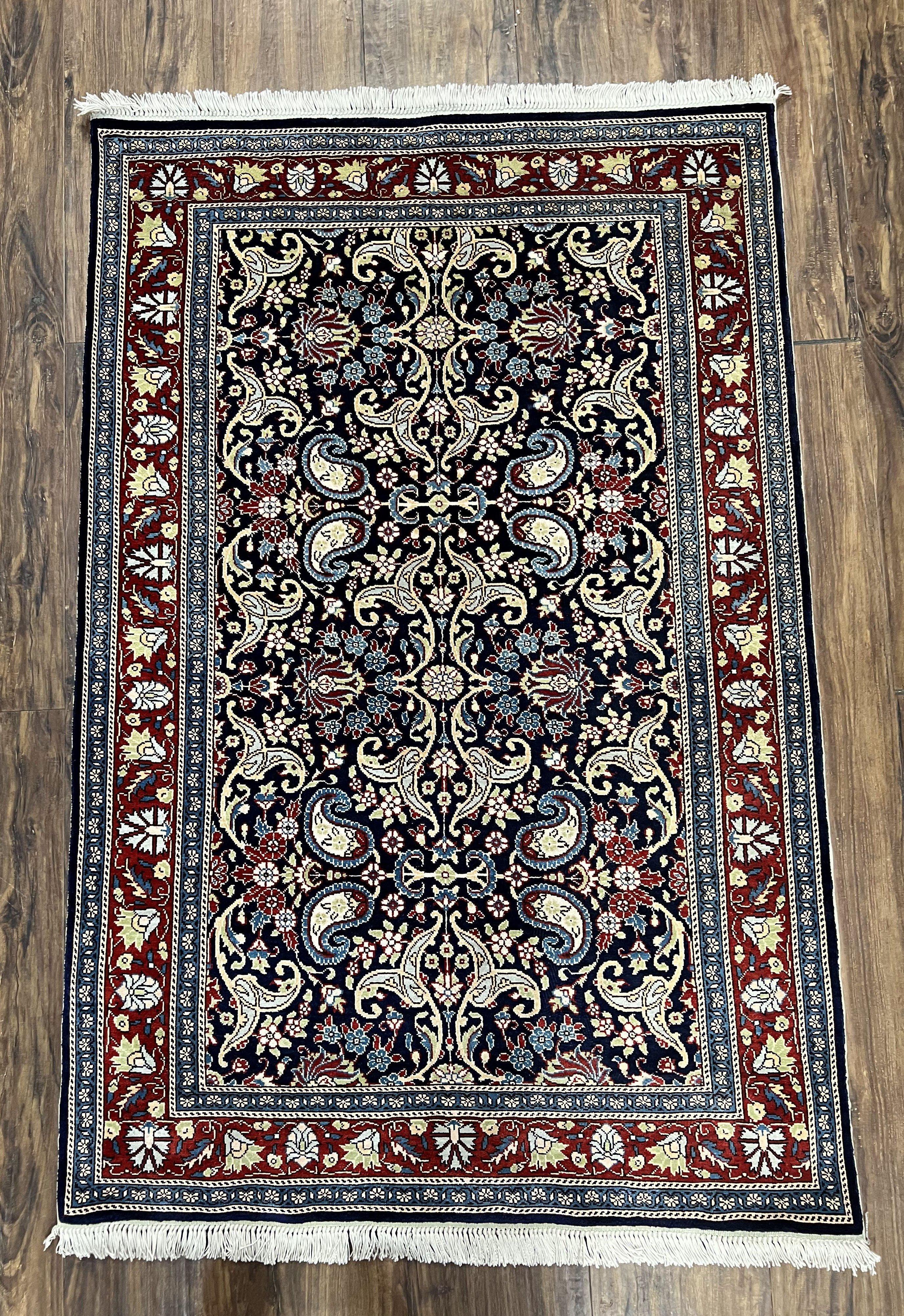 Turkish Silk Rug 3x4, Vintage Silk Carpet, Repeated Boteh Paisely Floral, Black Red Blue Fine Small Silk Rug 3 x 4 Hand Knotted Oriental Rug - Jewel Rugs