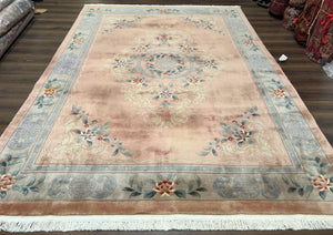 Chinese Wool Rug 8x11, Vintage 1960s Carpet, Light Pink and Gray, Hand Knotted Soft Plush Living Room Area Rug, Asian Oriental Rug 90 Line - Jewel Rugs