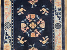 Antique Blue Chinese Peking Rug 3x5, Wool Hand-Knotted Chinese Art Deco Asian Carpet, 3 x 5 Small Entryway Rug, Dark Blue & Beige, Handmade - Jewel Rugs