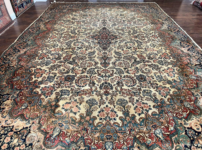 Antique Persian Kirman Rug 10x17 Oversized Oriental Carpet, Allover Floral 10 x 17 Wool Rug, Hand Knotted, Beige Multicolor Extra Large Rug - Jewel Rugs