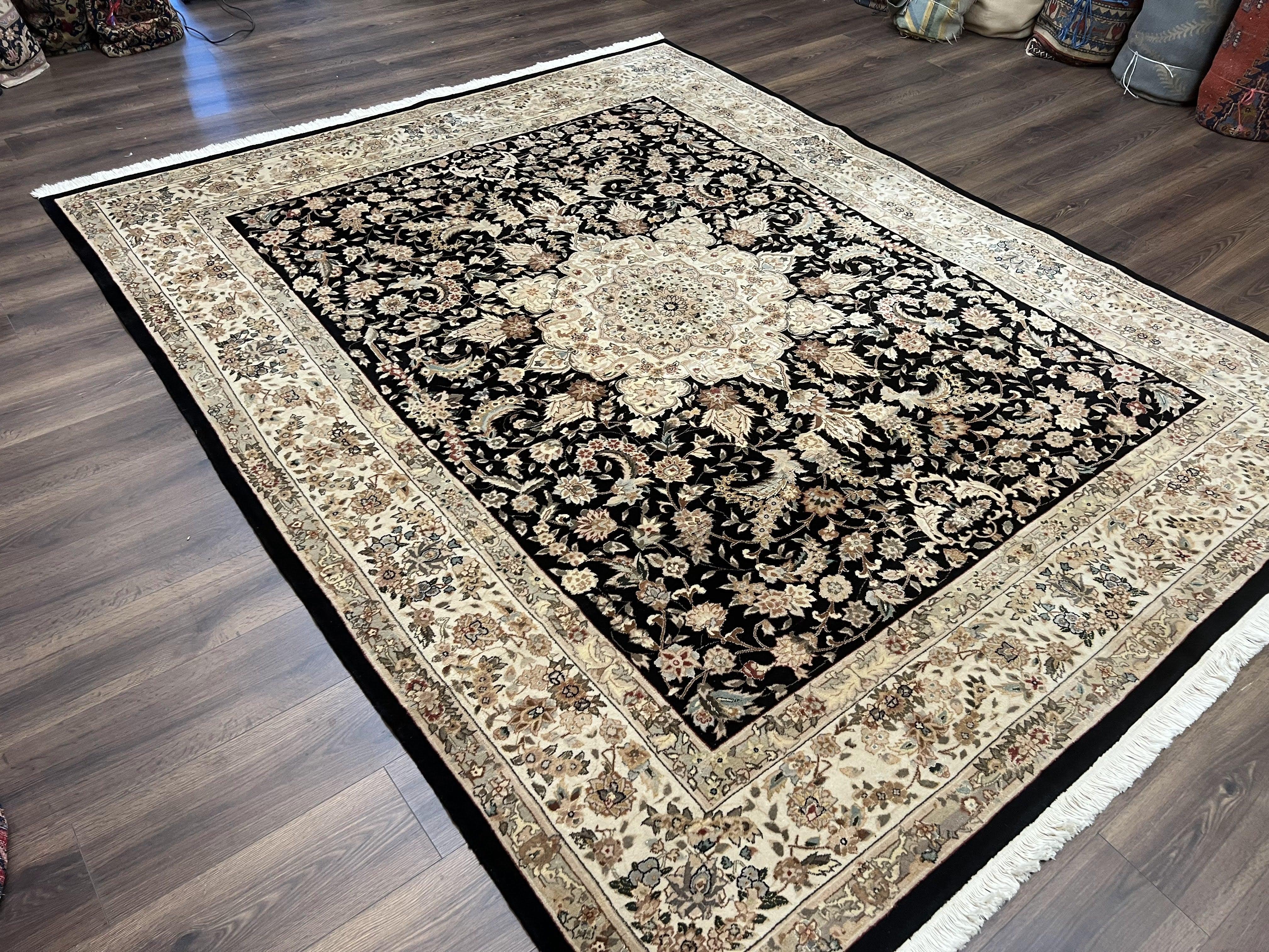 Indo Persian Rug 8x10, Elegant Floral Medallion Indian Oriental Carpet, Wool and Silk, Black and Beige, Hand Knotted Vintage Room Sized Rug - Jewel Rugs